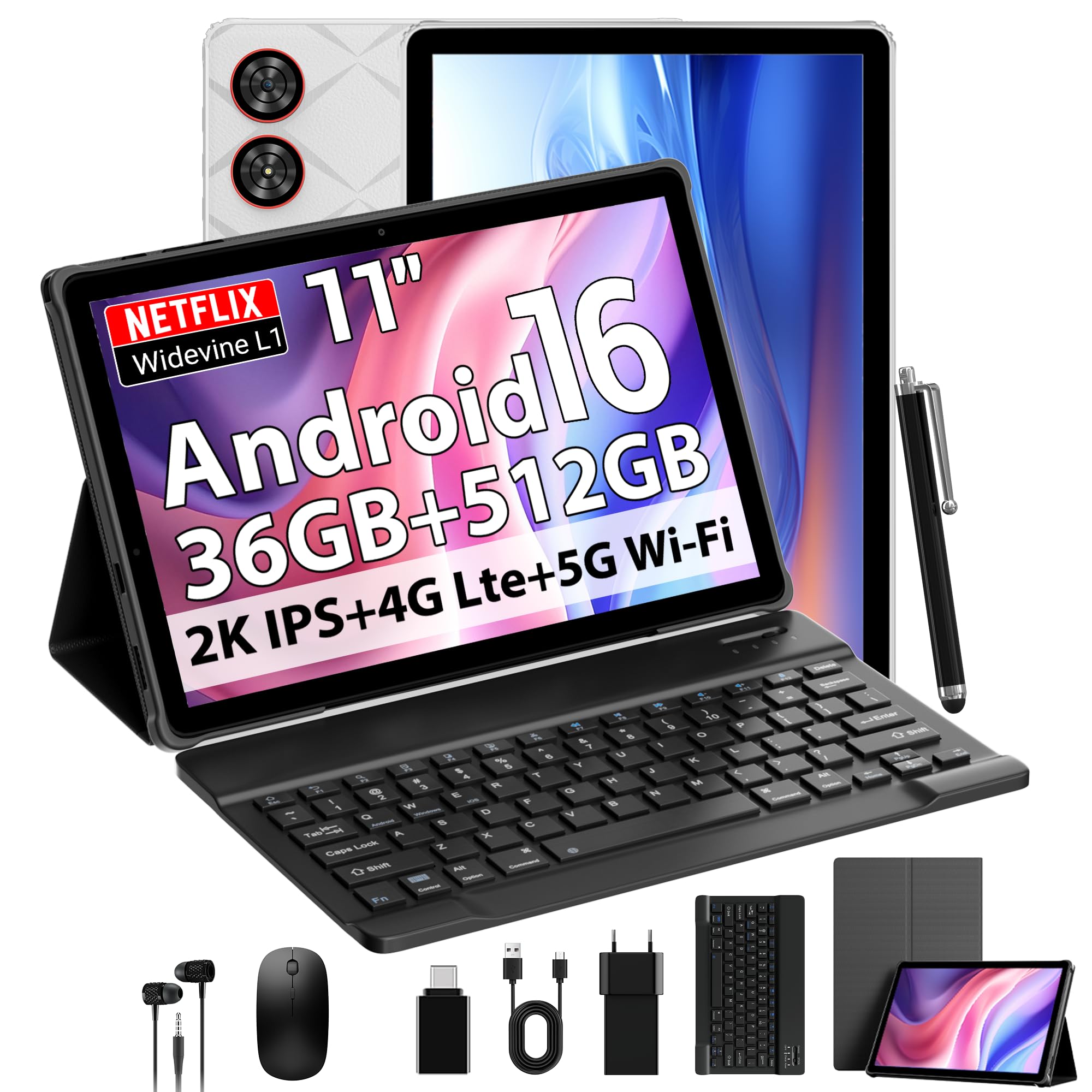 DOFACESH 2026 Android 16 Tablet in offerta con 11 Pollici, 36GB RAM+512GB ROM, SIM 4G Lte & 5G WiFi, Octa Core, 13MP+8MP, 2000 * 1200/WidevineL1/BT5.0/GPS-Tablet con tastiera (Grigio)