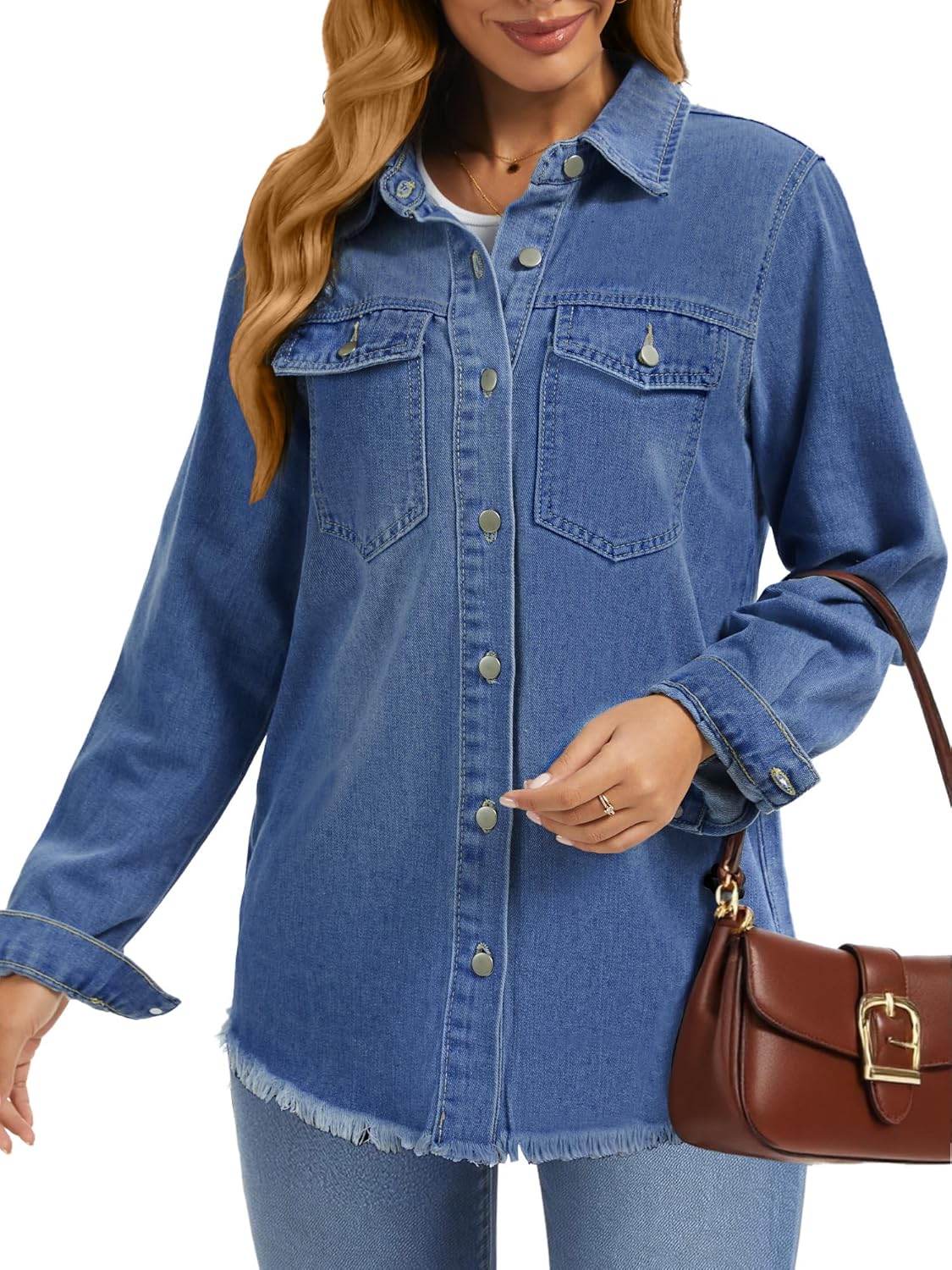 Oversized Jean Jacket For Women Casual Long Sleeve Button Denim Shirts Distressed Denim Jackets Shacket - Image 6