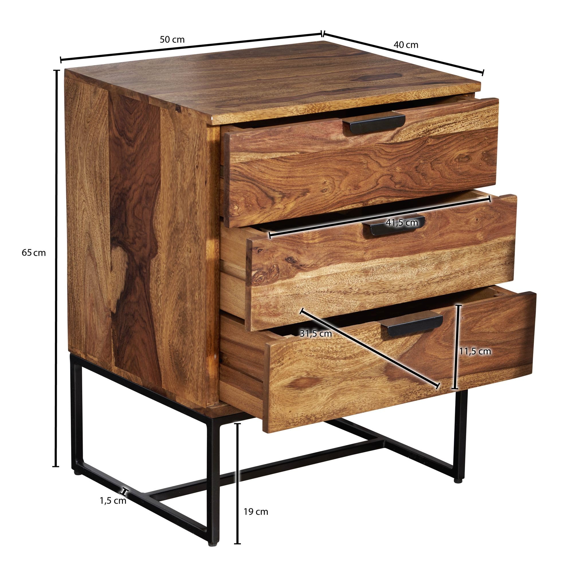 FineBuy Mesita de Noche 50x40x65 cm Madera Maciza de Sheesham y Metal | Mesilla Mesa de Noche con 3 cajones | Consola de Noche con Espacio de Almacenamiento