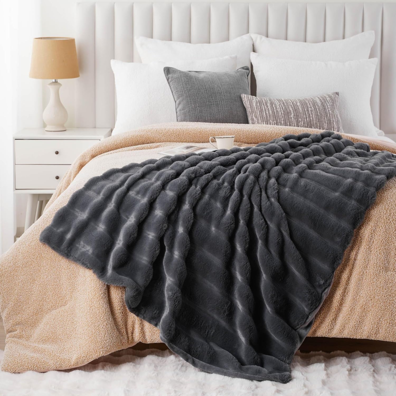 Battilo Dark Grey Faux Fur Throw Blanket, Rabbit Fur Blanket for Bed, Couch, Super Soft Cozy Fuzzy Mink Blanket, 60"x80"