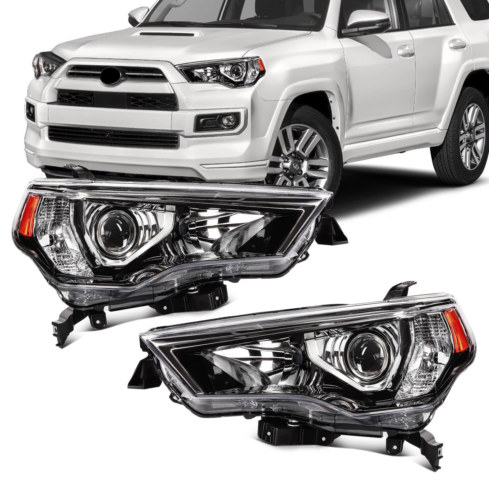 SCITOO Headlight Assembly Fit 2014-2021 For Toyota 4Runner Black Housing Amber Reflector Pair Headlights 81170-35571