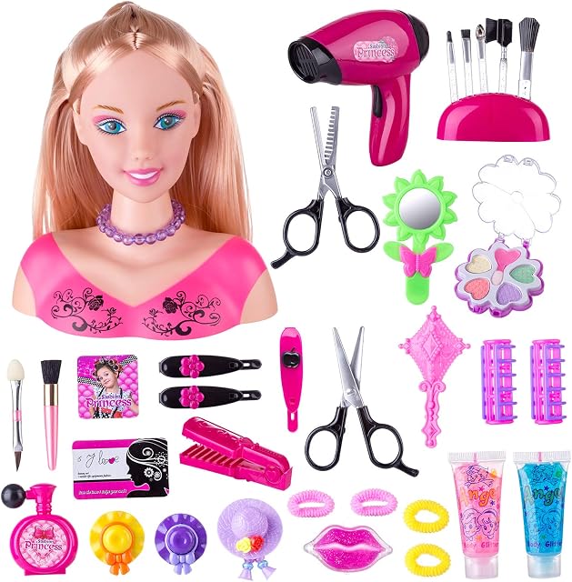 HYMAN Makeup Hairdressing Doll Styling Head Toy, 34 Pcs Children Pretend Role Play Playset Doll Hairstyle Toy with Hair Dryer