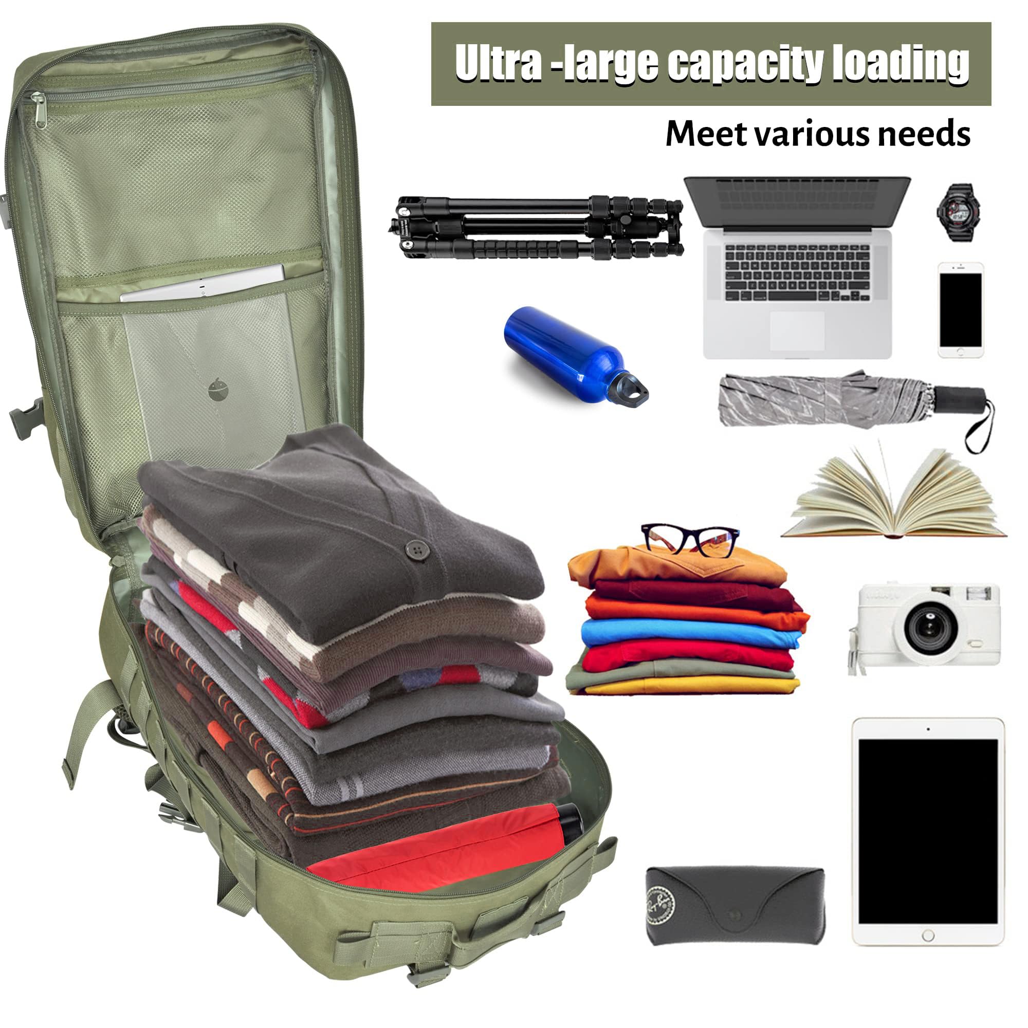 Mochila táctica militar, paquete grande de 3 días de asalto 45L, equipo para transportar carga, ligero y modular (personalizable), Verde, L 3