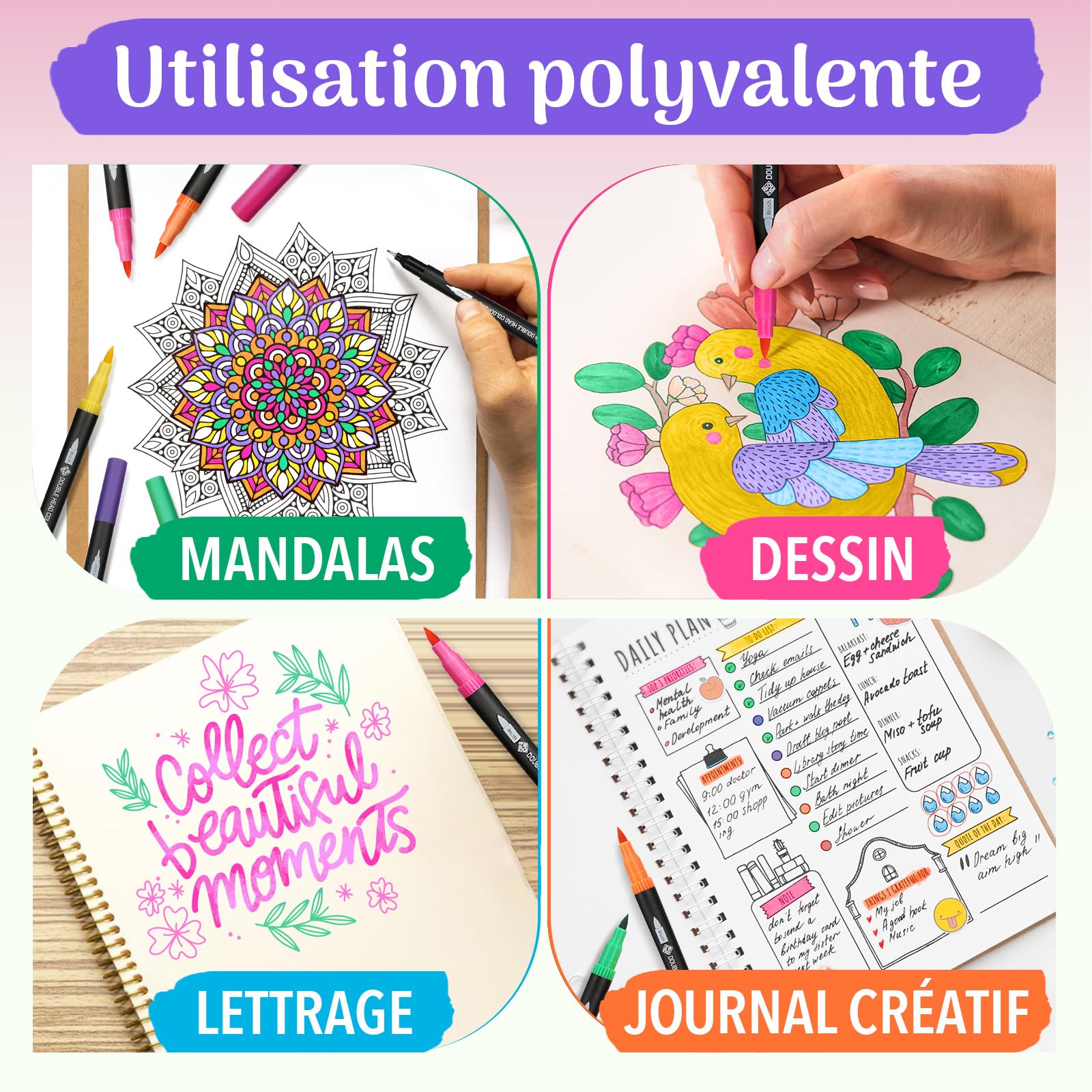 12 Feutres Coloriage Adulte ZENO Double Pointe Fine Et Pinceau - Sans Trace Pour Mandala