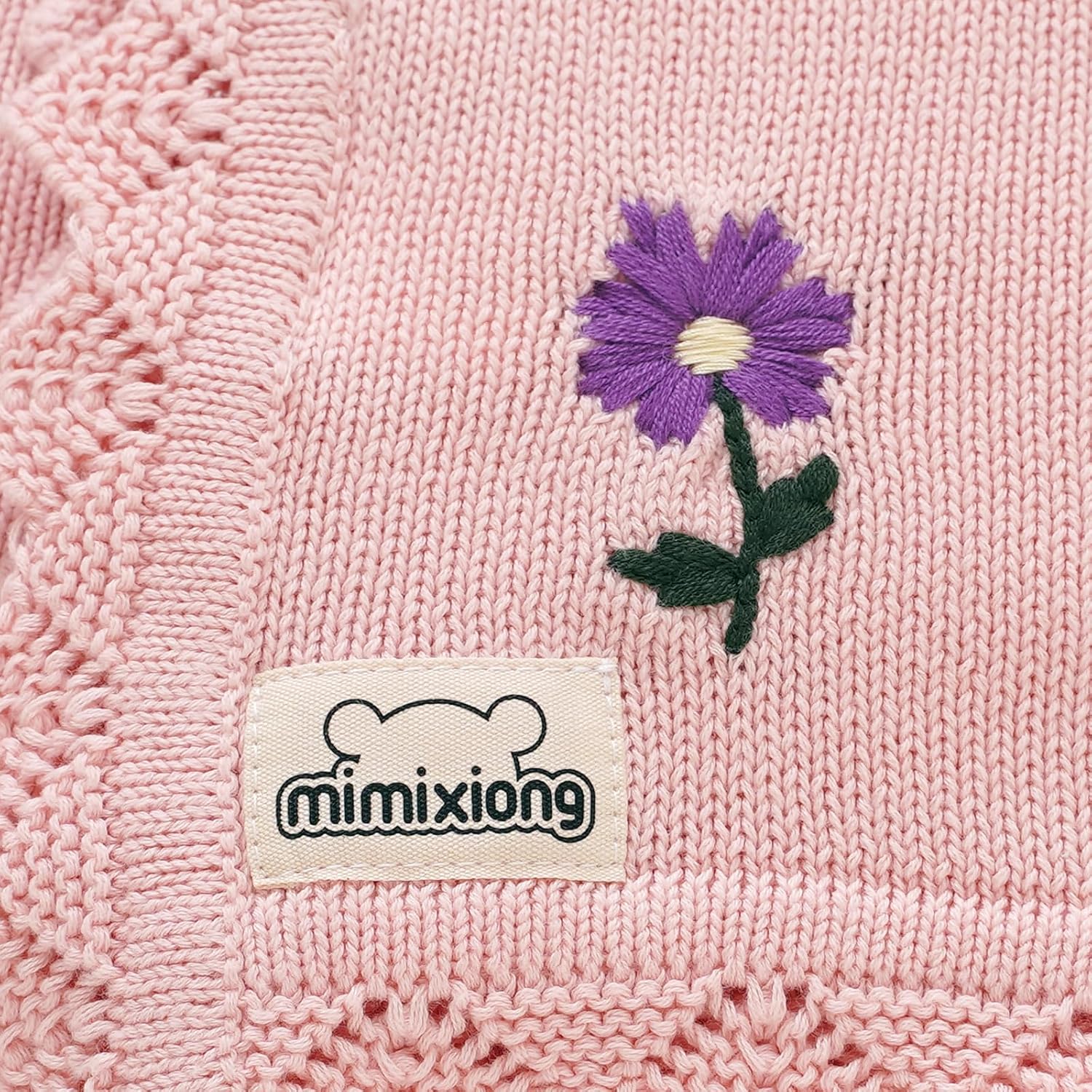 mimixiong 100% Cotton Knitted Crochet Blanket Soft Receiving Nursery Swaddling Giftable Baby Blanket with Elegant Embroidered Flower