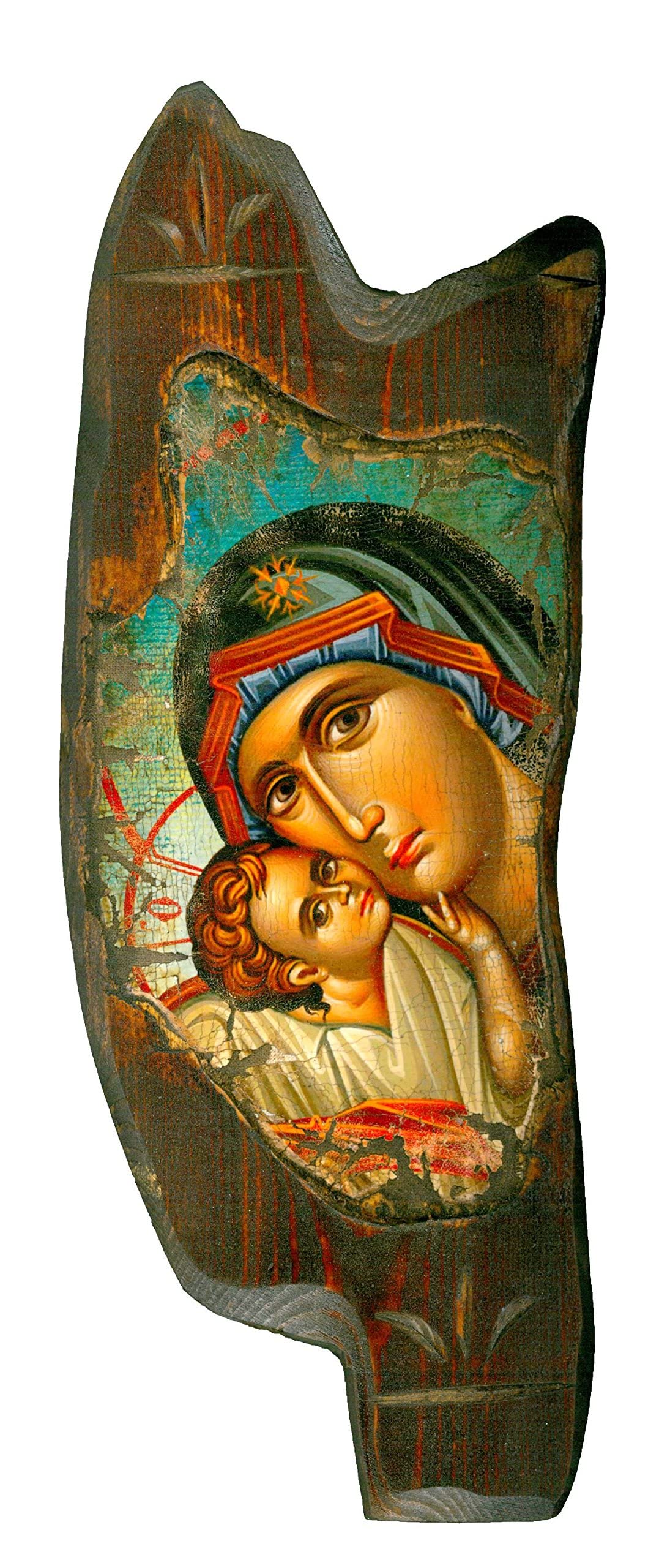 Icône chrétienne fait main en bois avec Jésus et la Vierge Marie sur toile M69
