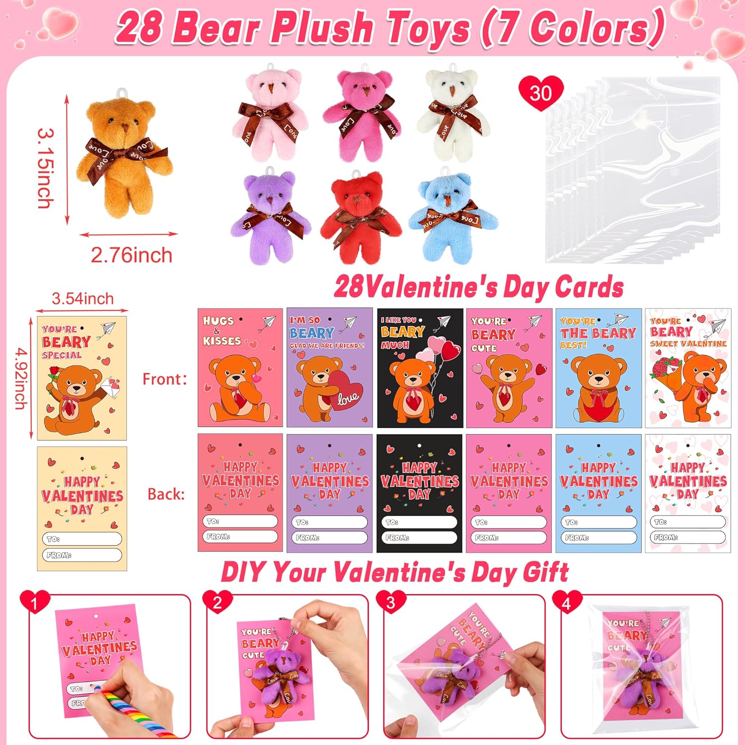 28 Pack Valentines Day Cards with Mini Bear Plush Toy Keychains Valentiens Day Gifts for Kids School, Valentines for Kids Classroom Valentines for Class Exchange Gifts Party Favors for Boys Girls - Image 2