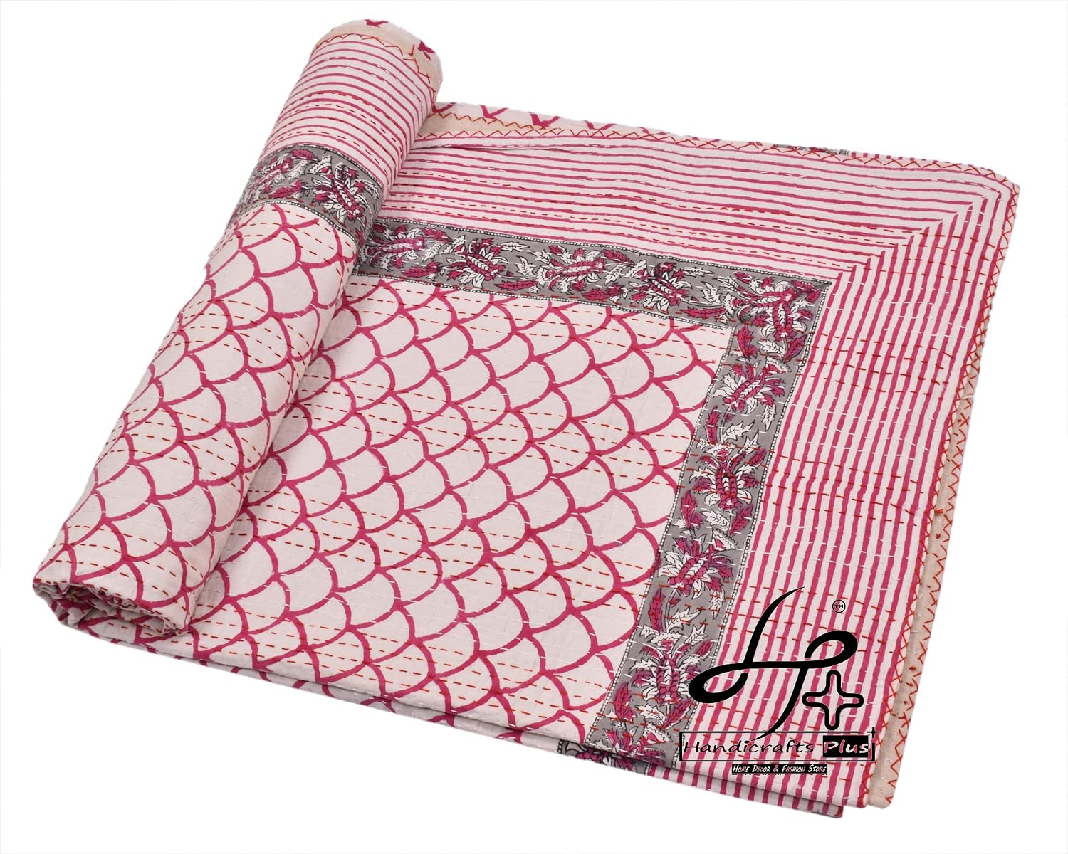 Queen Size Kantha Quilt Indian Blanket Cotton Bedding Throw Pink Color Bedspread Hippie Coverlet 90x108 Inches