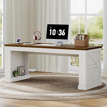 63 Farmhouse Executive Desk, Double Pedestal Computer Desk with Built-in Charging Station & Bottom Open Storage, Wooden Writing Workstation for Home Office, White and Walnut
