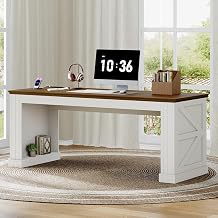 63-Inch Farmhouse Executive Desk, Long Computer Desk with Built-in Charging Station & Bottom Storage, Home Office Writing Study Desk for Bedroom, Living Room, White and Walnut