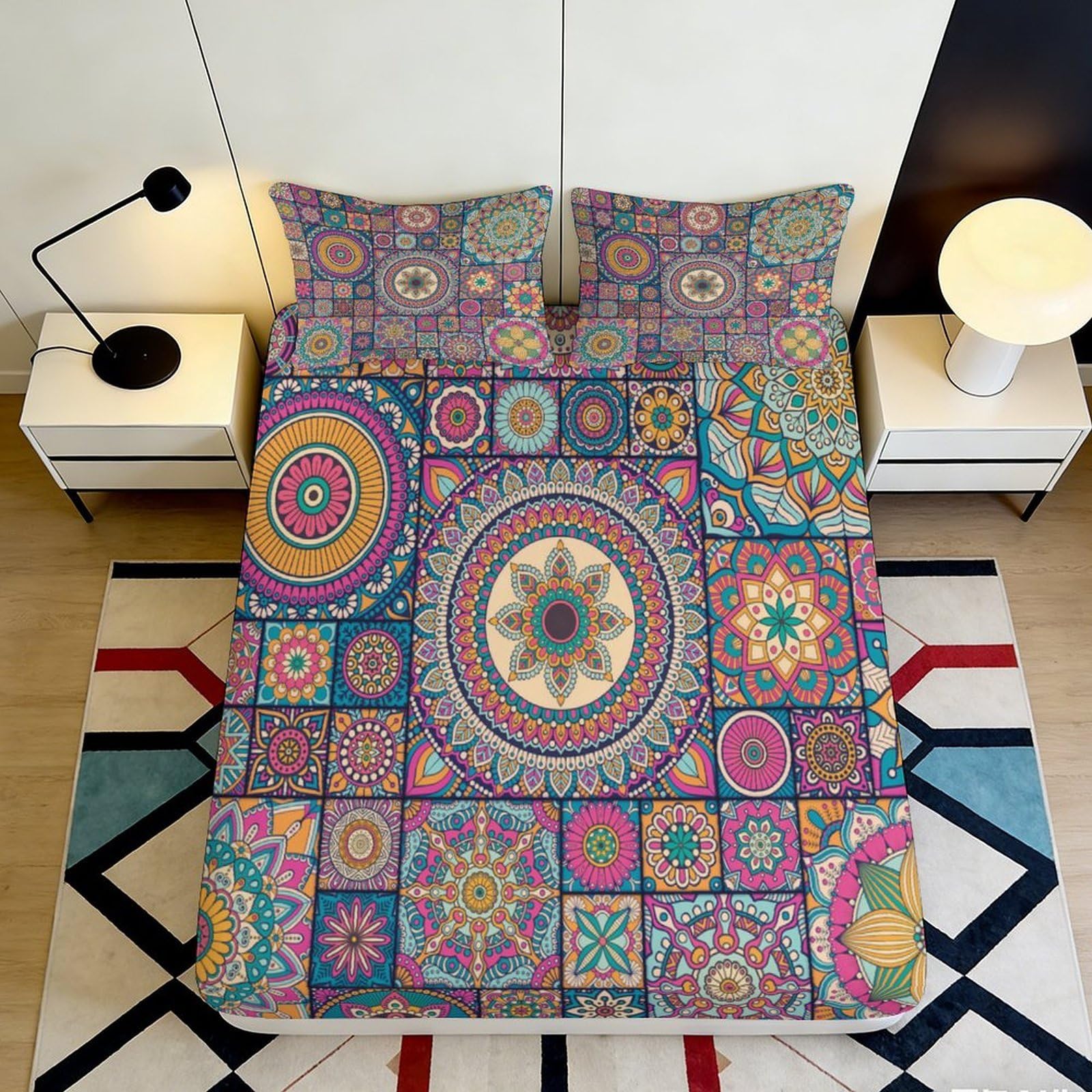 3D Printed Mandala Mosaic Fitted Sheet Microfiber Soft Breathable Boho Geometric Mattress Cover for Bedroom Dorm Apartment Decor 160x200x25cm