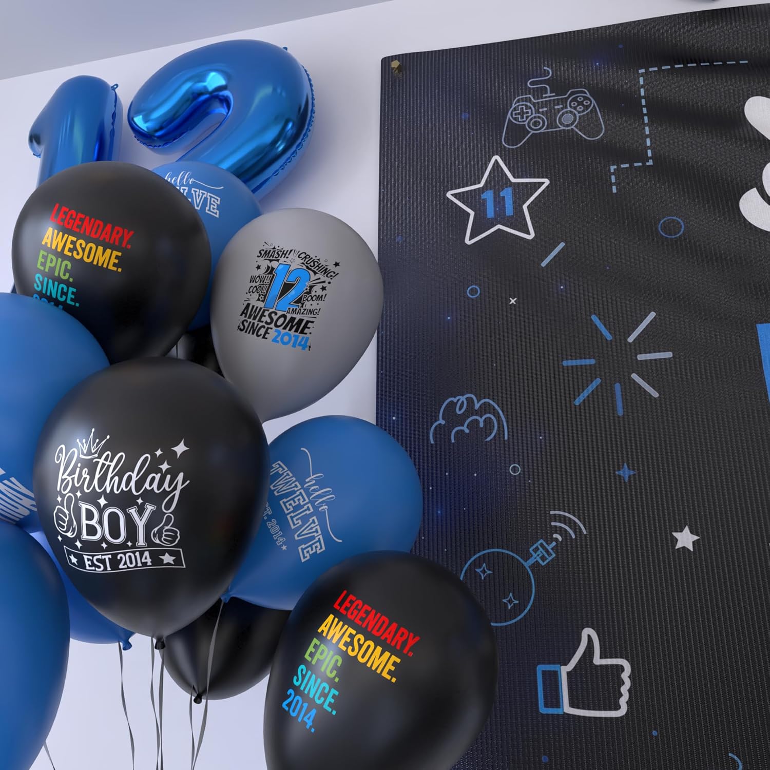 Black Blue 12th Birthday Decorations For Boys Includes Banner, Backdrop, Tablecloth, Latex Balloons, Foil Balloons, Cake Topper, Honeycomb Centerpieces & Hanging Swirls