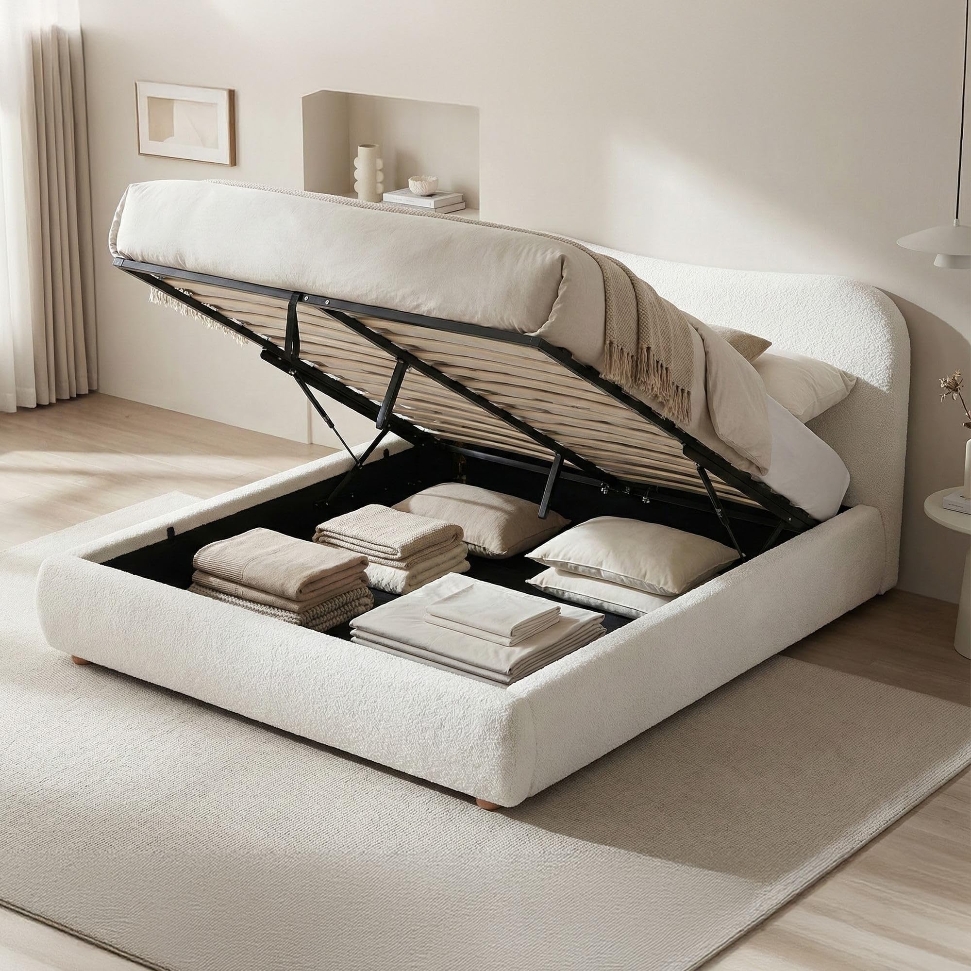 CLP Letto imbottito con contenitore Maido, struttura per materassi, rete con meccanismo di sollevamento, letto matrimoniale in tessuto Teddy, Colore:crema, Dimensione:160x200 cm