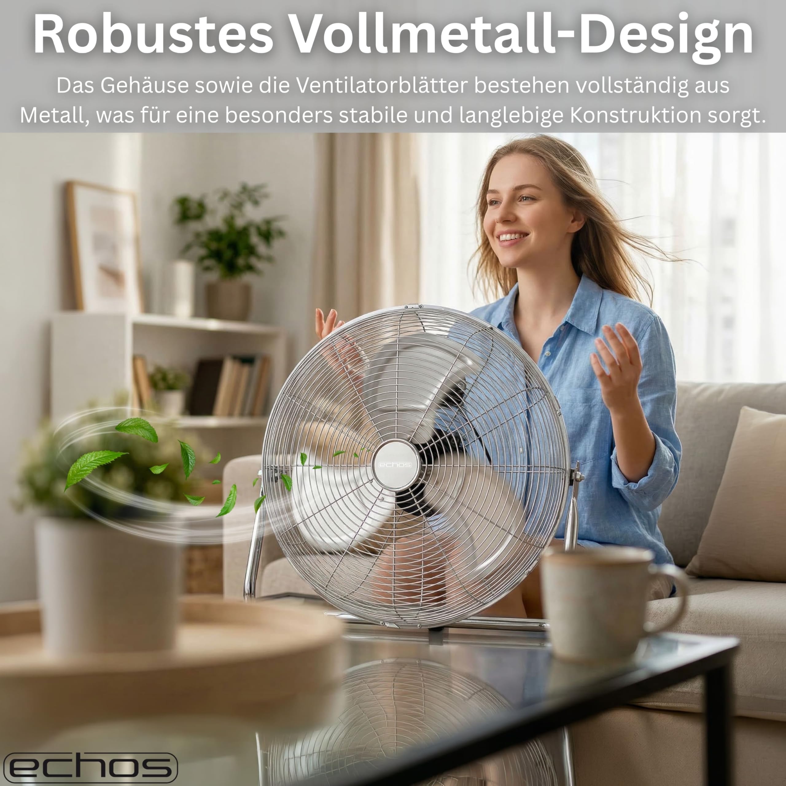 Echos® Bodenventilator Metall 46 cm – 100W Hochleistungs Ventilator leise, 3 Stufen, 90° neigbar, Industrie Ventilator mit starkem Luftstrom 102 m³/min, Standventilator für Werkstatt, Büro & Zuhause