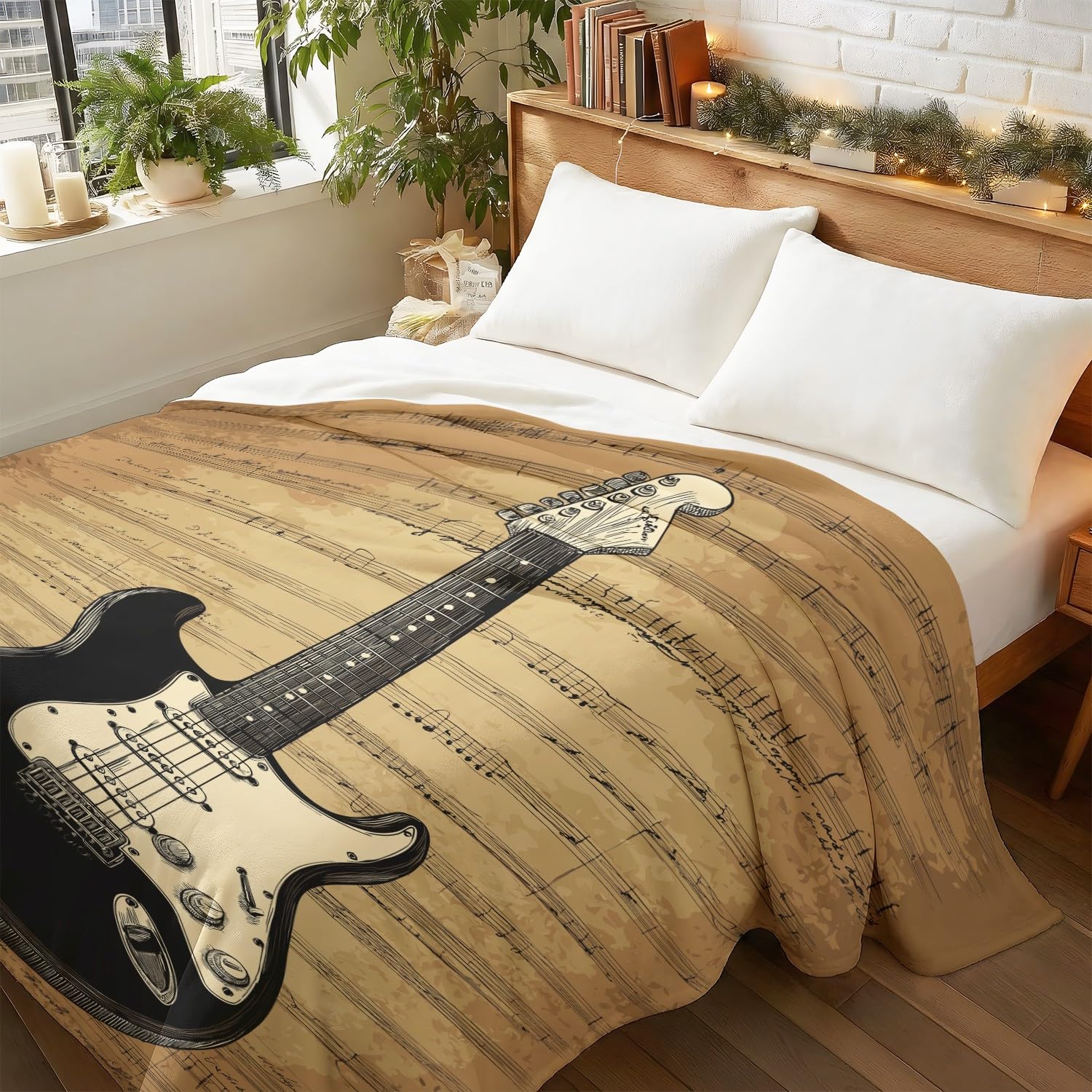 Manta musical de 200 x 200 cm, diseño vintage de instrumentos musicales con notas de guitarra, manta de forro polar acogedora de microfibra para sofá, cama, regalo para padres de niños, marrón