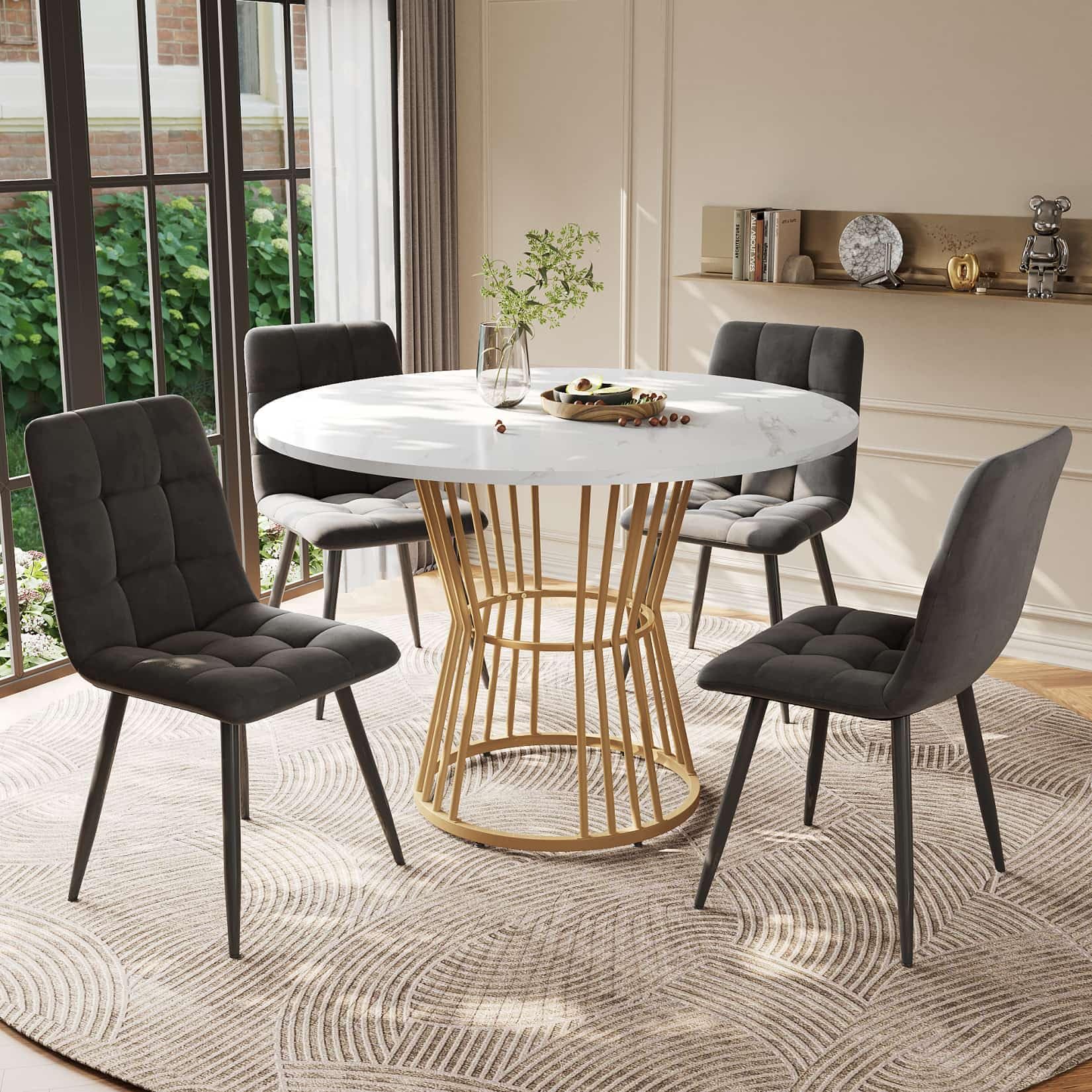 PUGSDRLY Table a Manger 100x100x75cm avec 4 Chaises,Table Ronde et Chaises en Velours,Pieds en Métal,Ensemble de Salle à Manger Moderne pour 4 Personnes (Gris+Or)