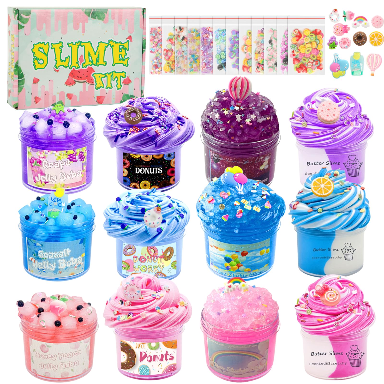 CIOXSOIO 12 Stück 70ml Slime Set, 12 Farben Butter Slime und Clear Slime, Schleim Selber Machen Set für Kinder, Geburtstag Halloween Weihnachten Geschenk für Mädchen & Jungen