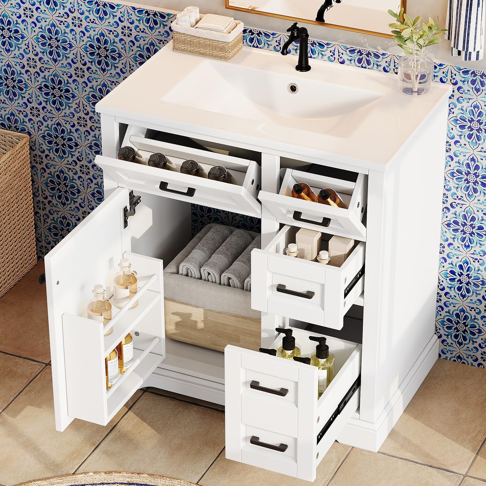 76 x 47 x 82 cm; mobiletto sottolavabo a pavimento; superficie verniciata; ante con funzione soft-close; estrazione laterale a due livelli; lavabo in ceramica integrato; mensola porta; bianco.