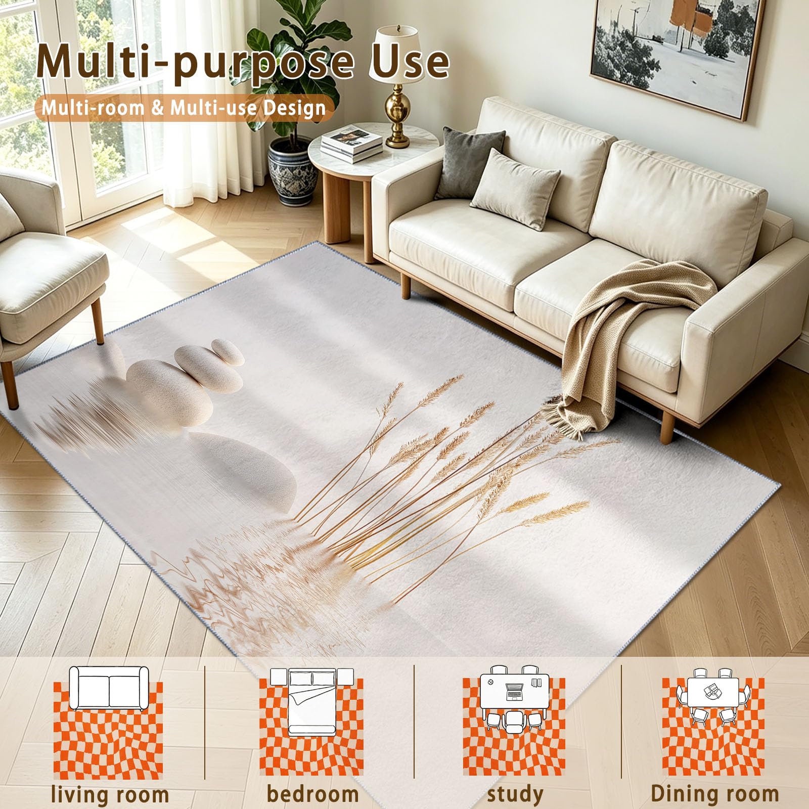 Tapis Chambre Salon Pierres Empilées Foin Surface Eau Reflet Doux Antidérapant Lavable en Machine Tapis Décoratif de Style Oriental Naturel pour Entree Interieur, 180 x 240 cm Clair