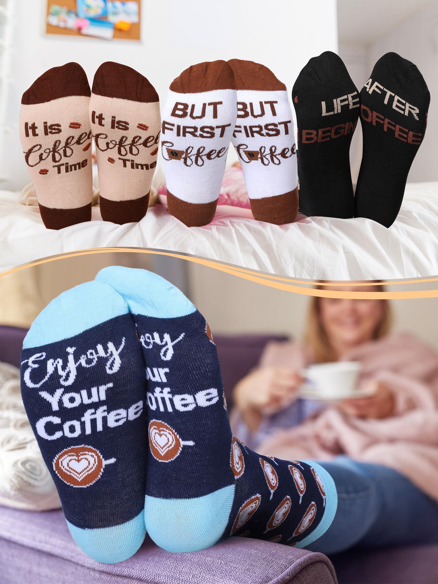 Liitrsh 8 Paar Kaffeesocken für Damen, Baumwolle, Crew-Socken für Erwachsene, Barista, Kaffeeliebhaber, Urlaubsgeschenke