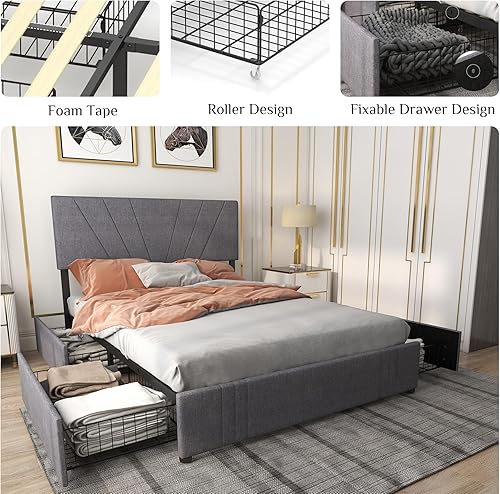 Miniatura 4 de Base de cama de tamaño matrimonial con tapizado y 4 cajones fijos de almacenamiento, cabecera ajustable, embalaje de una caja, no necesita somier,