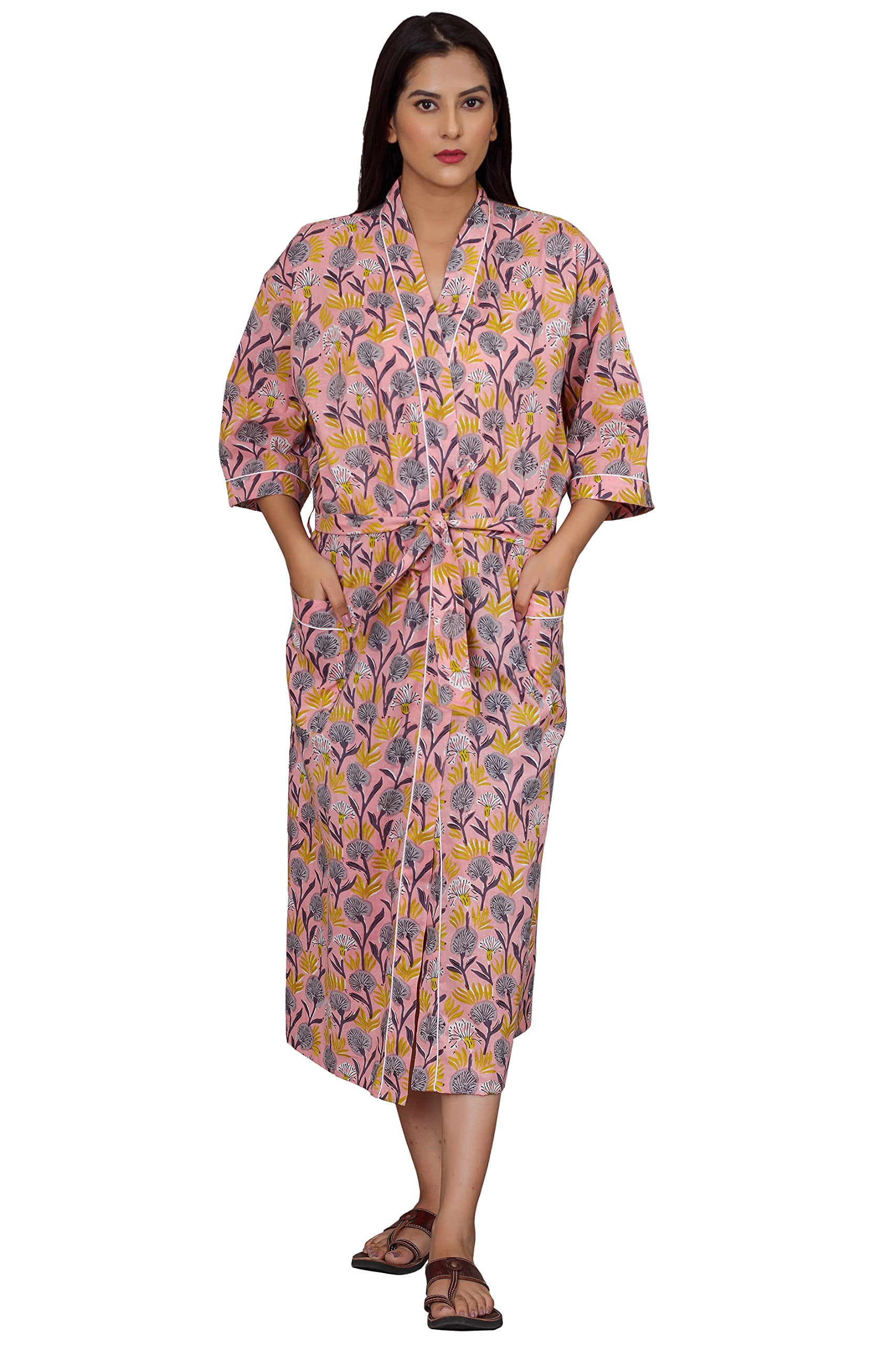 FRAU MANIA Women's Indian Printed Kimono Cardigan v Neck Loose Beach Cover up Cotton Kimono Night Gown, Multicoloured01, One size