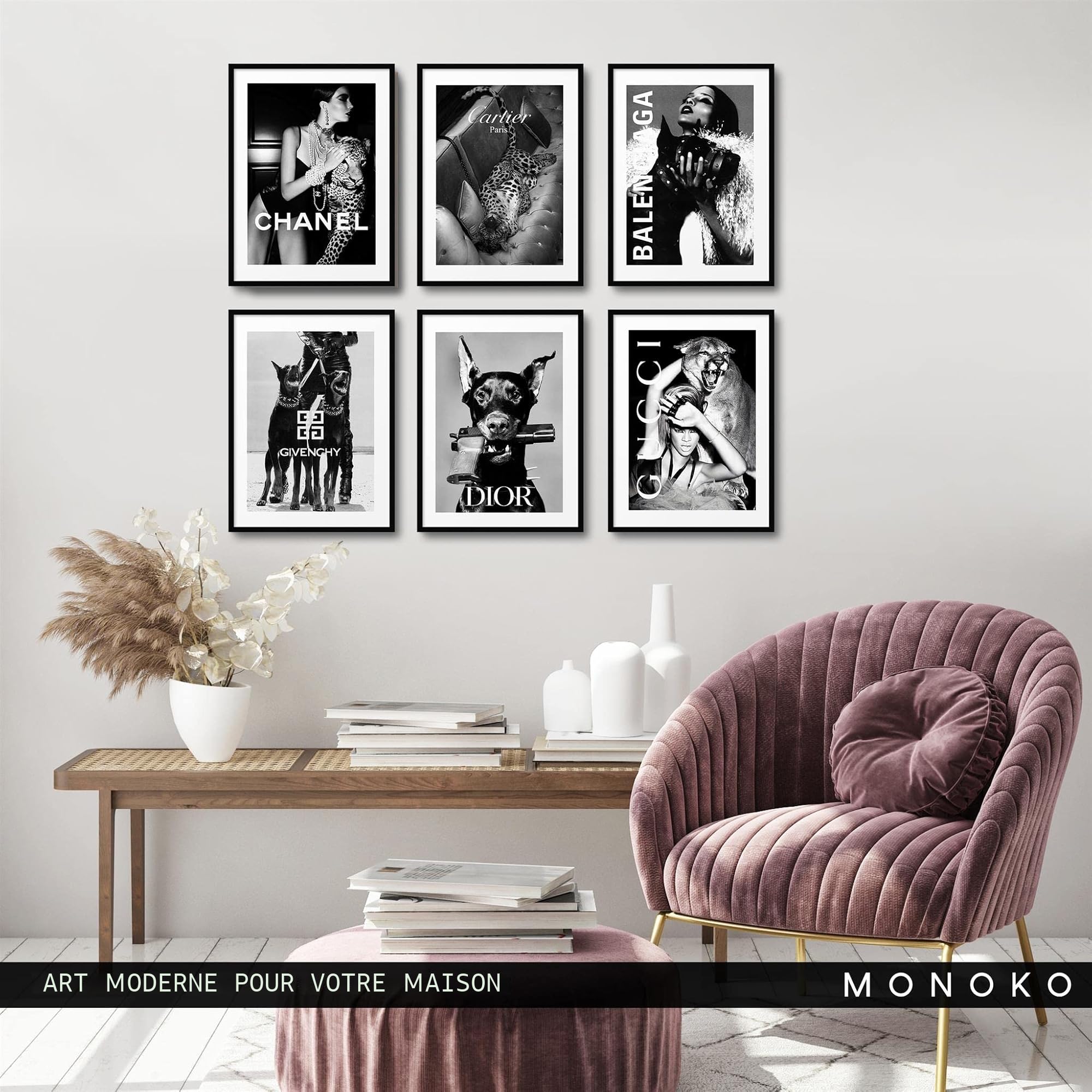 Lot de 6 posters muraux modernes Noir et blanc MONOKO® pour salon chambre à coucher A4