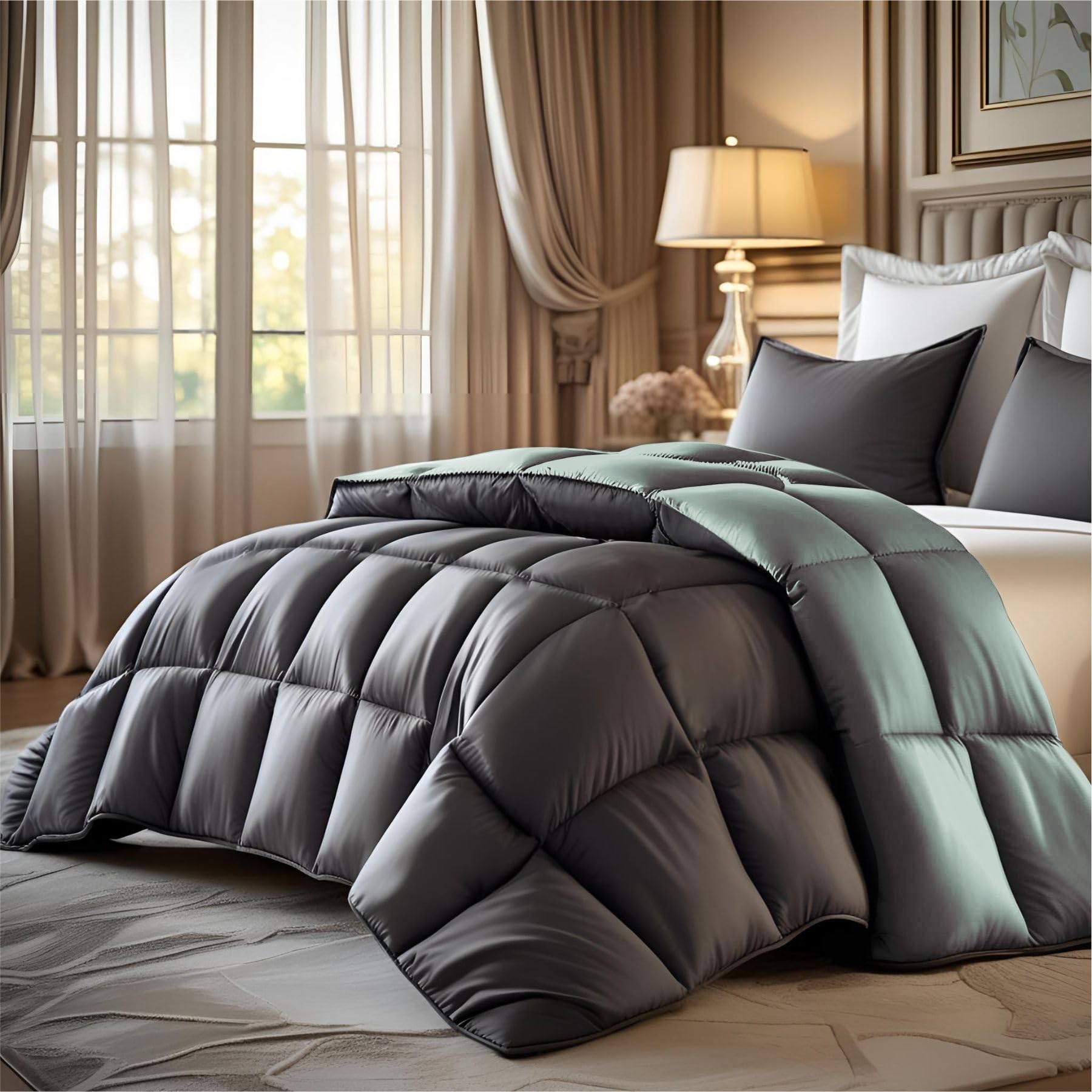 Epinch® Reversible Comforter Soft as Feathers | 300 GSM Filling AC Room Comforter with 8-Corner & Side Loops | Lightweight Blanket/Quilt for Home & Hotel (Dark Grey & Light Grey, Queen_90 X 90 Inch)-image-16