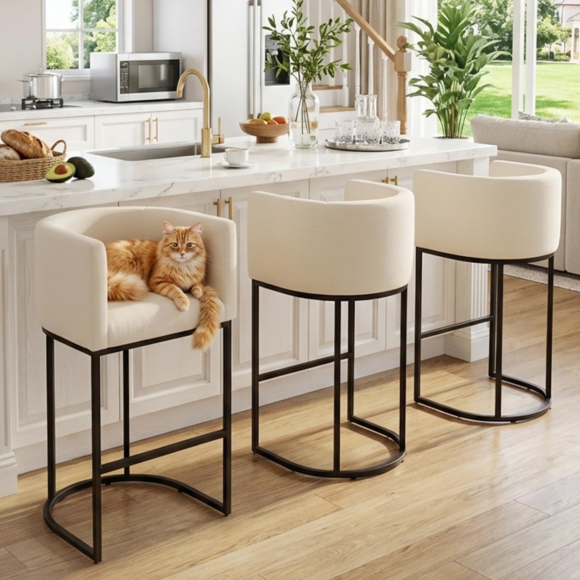 HNY Cream Modern Barrel Counter Height Clearance Bar Stools Set of 3, 32 Inch Linen Kitchen Barstools with Back for Island, with Black Metal Tubular