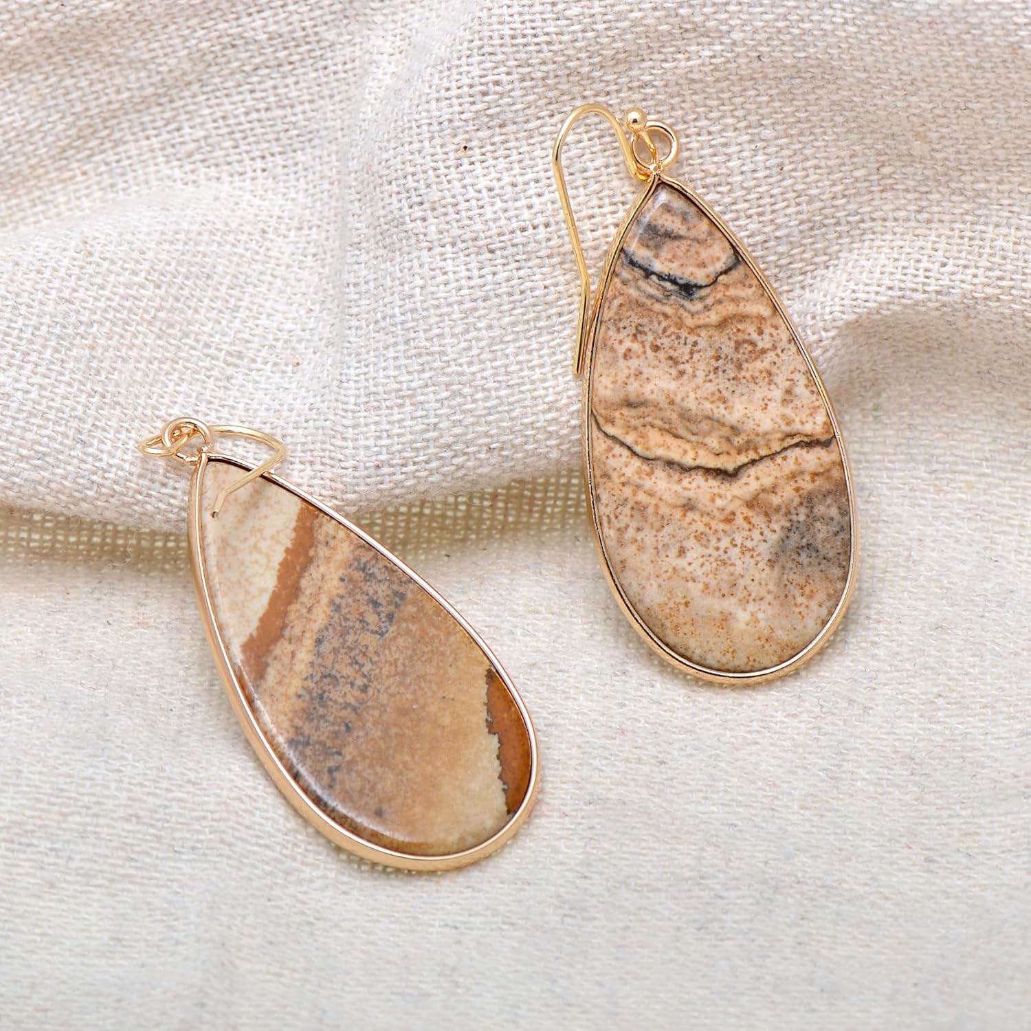 Natural Patterns Jasper Teardrop Stone Earrings for Women, Golden Edged Flat Drop Dangle Earrings - Image 4
