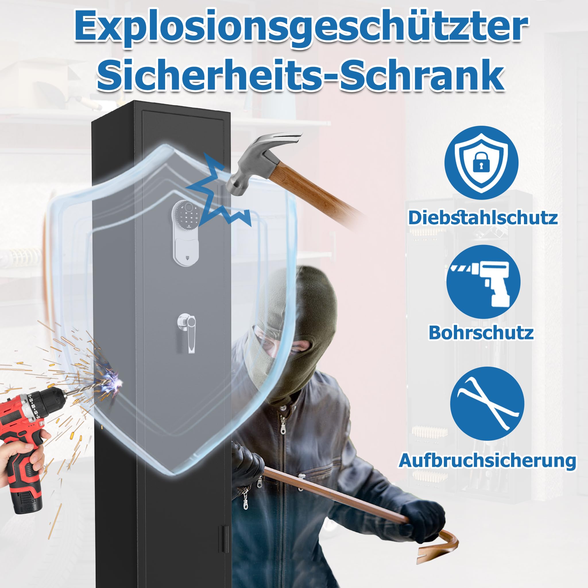 YRHome Szafa bezpieczeństwa Tresor czarna – blacha stalowa Safe z funkcją odciski palców i inteligentną funkcją, regulowane wnętrze, w zestawie 2 klucze