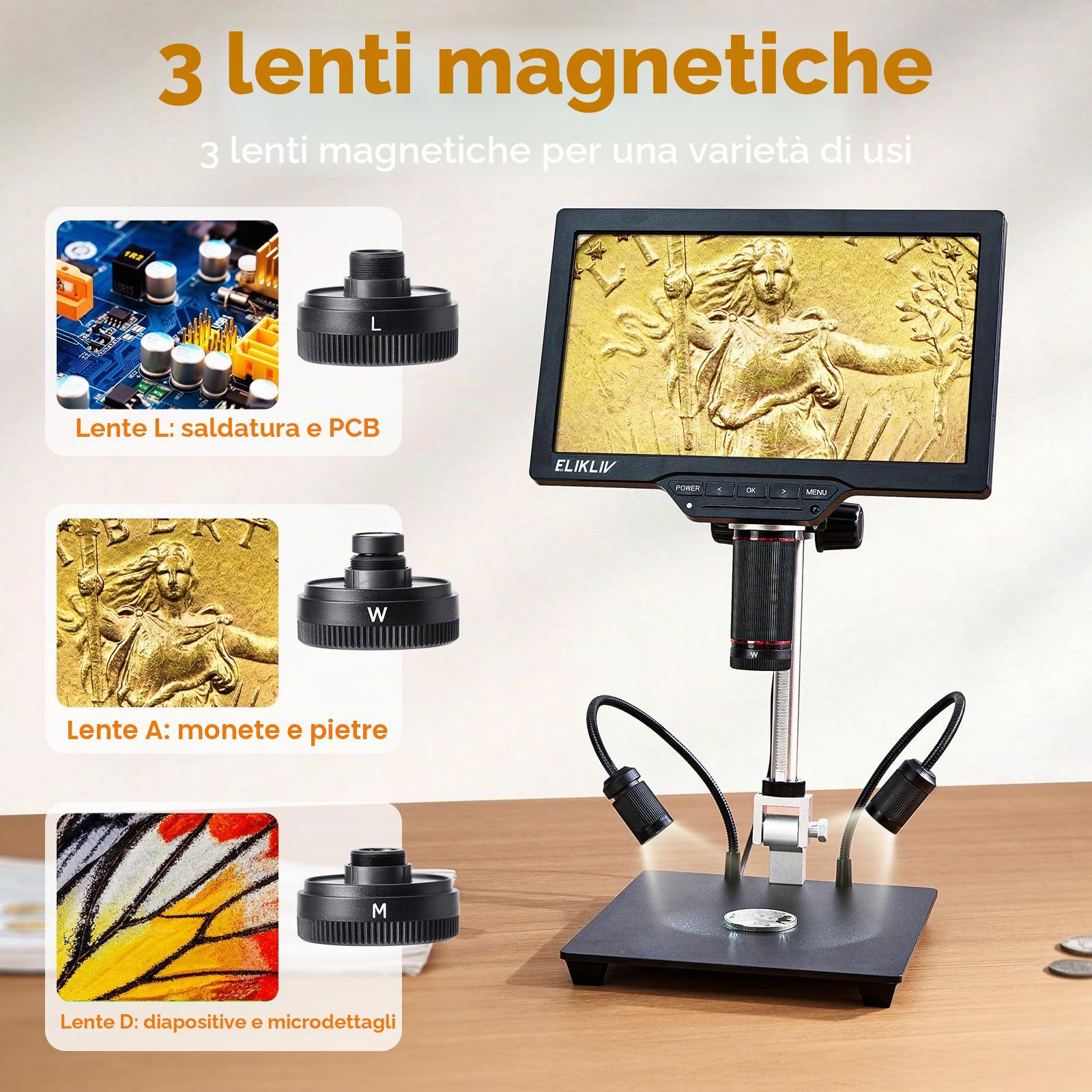 Elikliv Microscopio Digitale 4K per Saldatura: TL301 Max con Lenti Magnetiche 3-in-1, Schermo IPS da 10,1", Luci Laterali, Supporto da 10", Compatibile con PC/TV, 64 GB