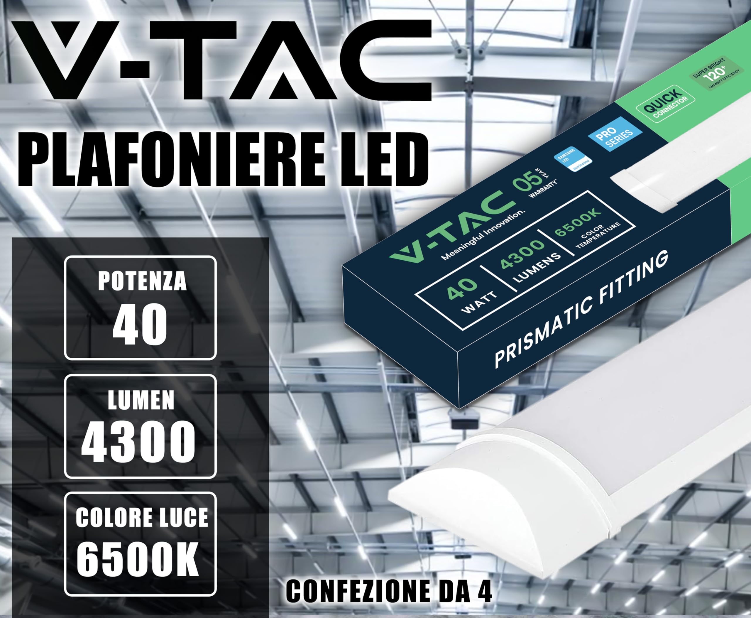 V-TAC 4x Plafoniere LED Lineari da Soffitto 120 CM - 40W - Chip Samsung - 4 Pezzi - Lampada Rettangolare 4800 Lumen IP20 per Parete, Garage, Negozio - Tubo LED Plafoniera - Luce 6400K Bianca Fredda