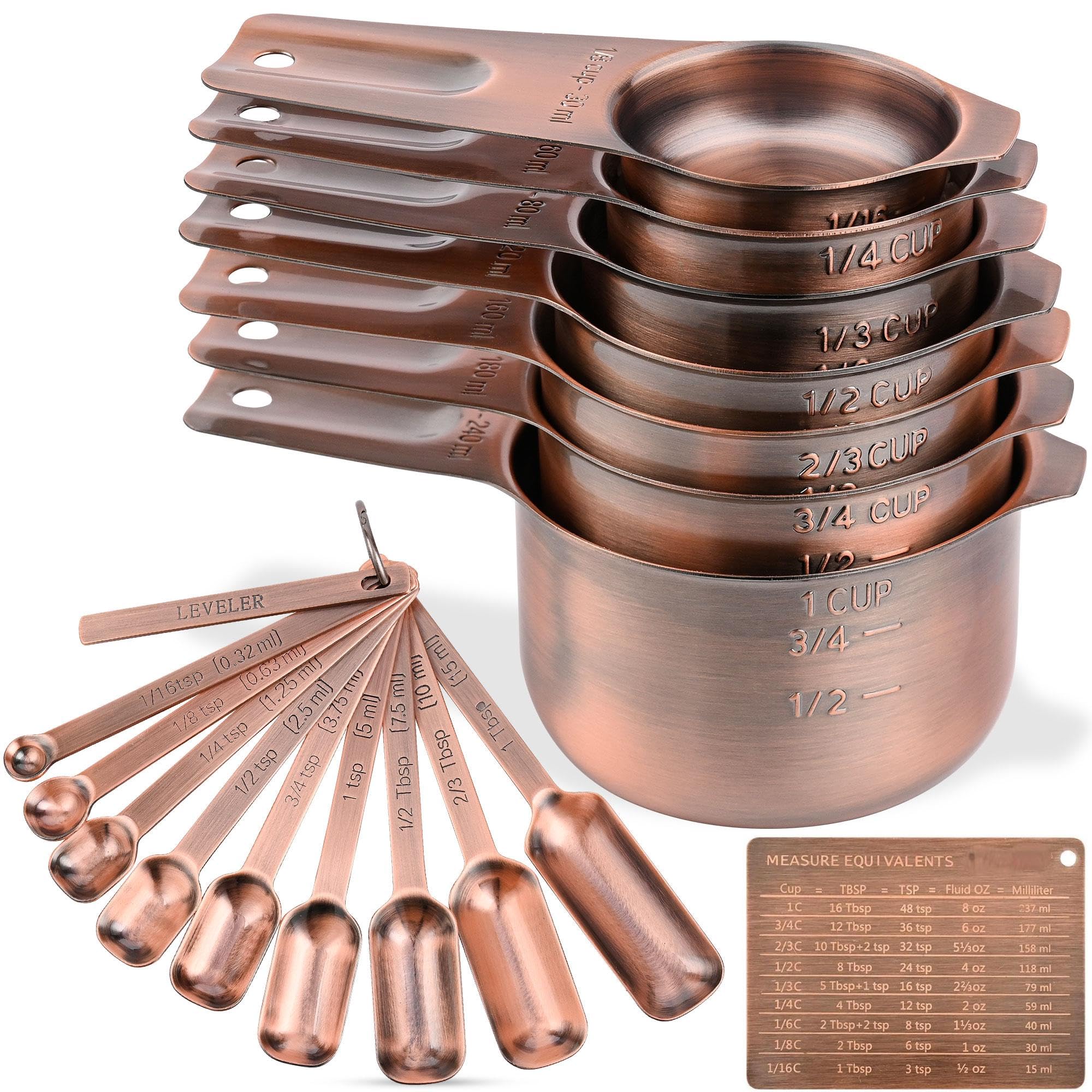Kupfer-Messbecher- und Löffel-Set, Edelstahl-Messbecher und Löffel, metrisch, 7 Messbecher und 9 lange Messlöffel, 1 Nivellierer und 1 Umrechnungstabelle für Küche, Kochen und Backen