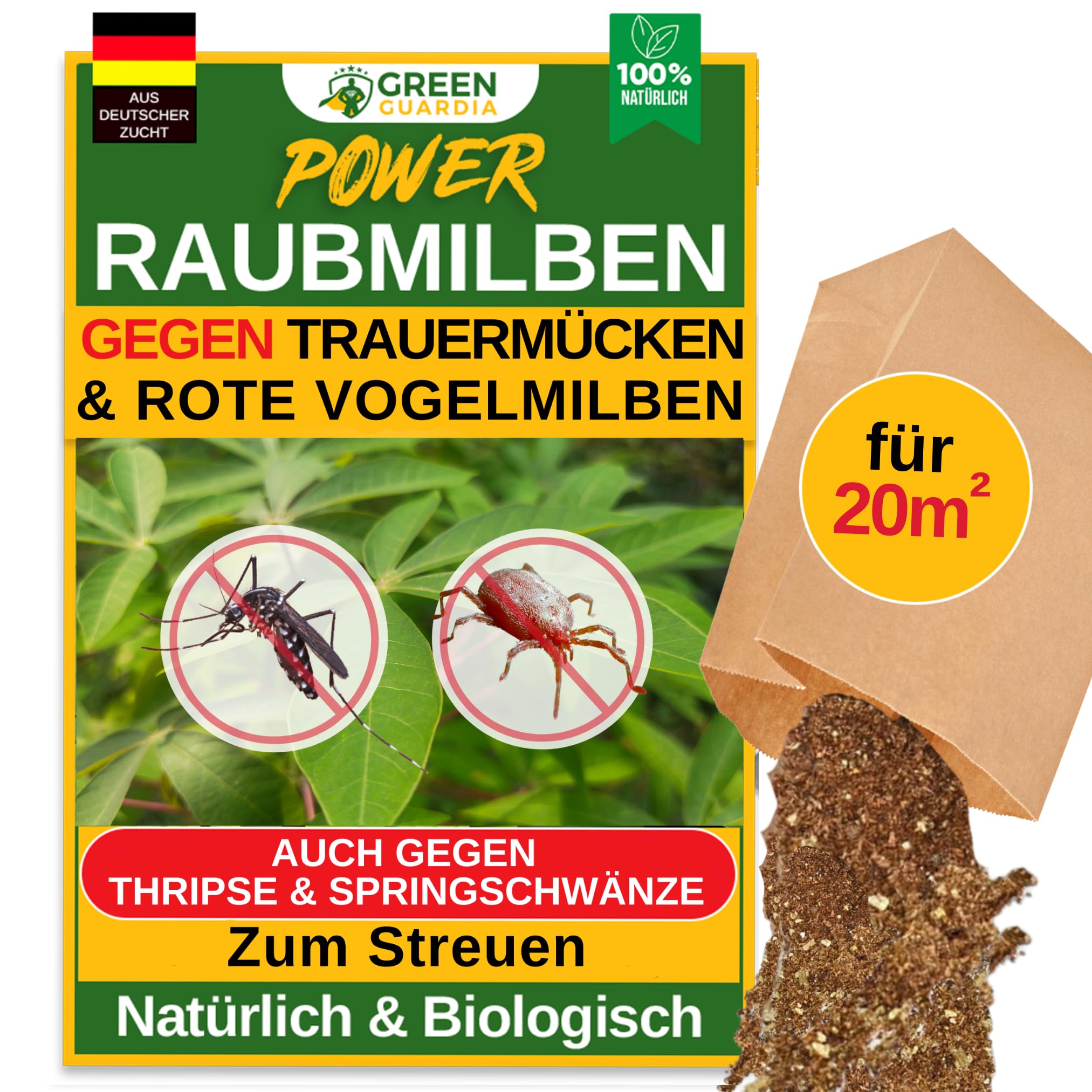 GREEN GUARDIA Power Hypoaspis miles Raubmilben gegen Trauermücken & Rote Vogelmilben – Streuware - Umweltfreundliches Mittel zur effektiven Schädlingsbekämpfung – (2x Tüten für 20m²)