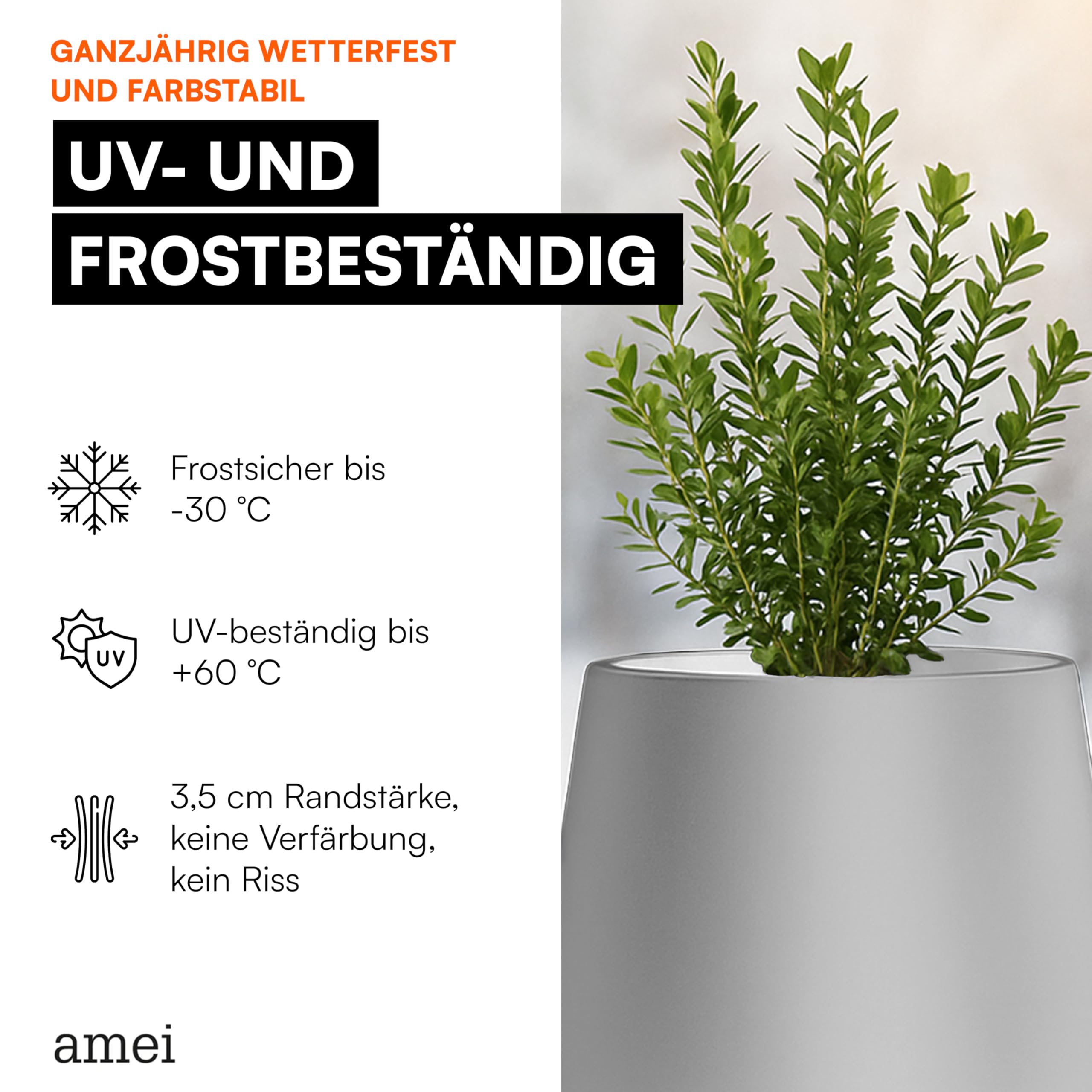 amei Der Bauchige Pflanzentopf Gross ⌀ 51 cm (Grau) – Blumen Kübel in edler Optik – Handgefertigter Pflanzen Kübel aus robustem Stonefiber – Witterungsbeständig und langlebig