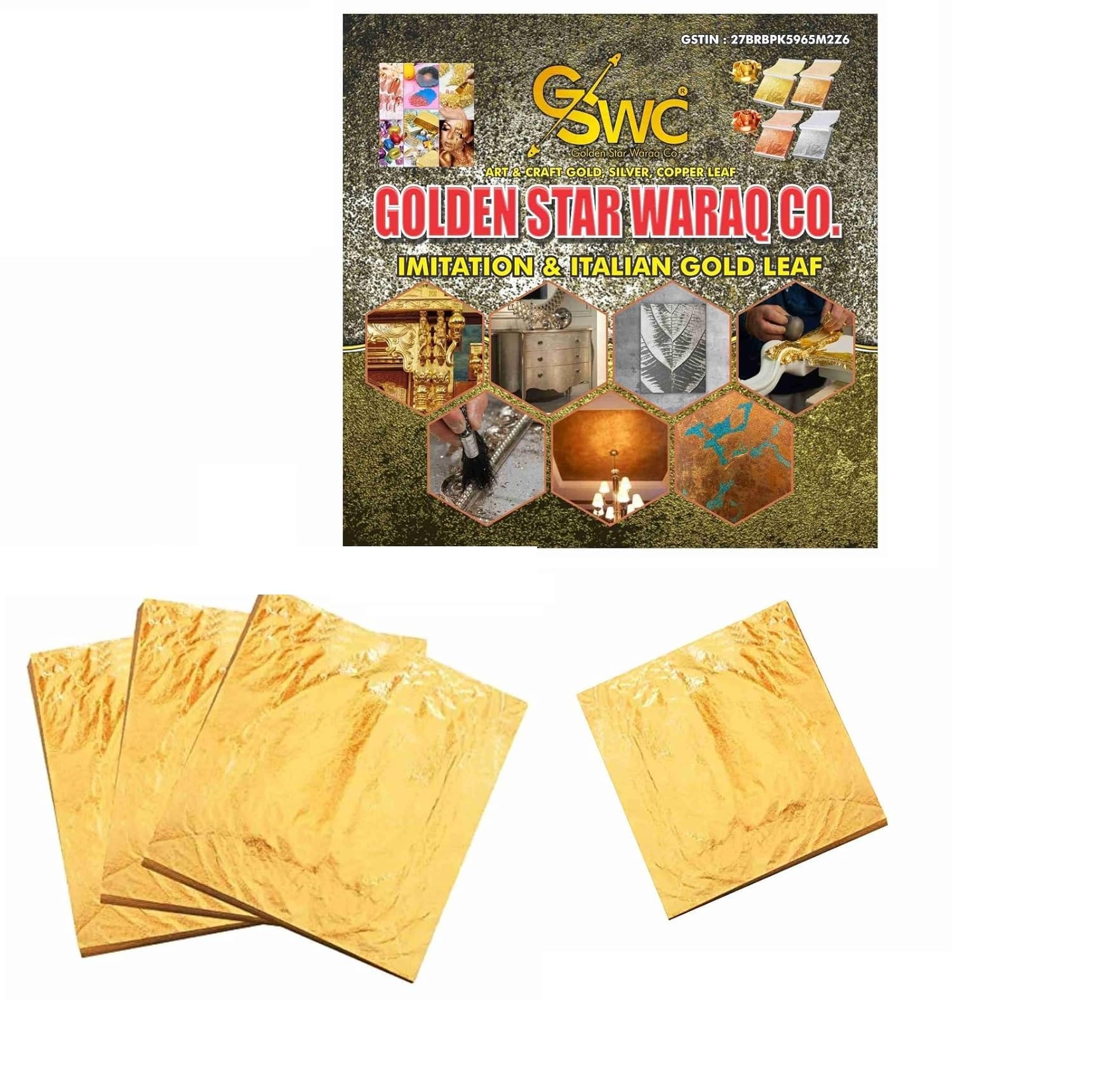 GSWC 100pcs Metallic Foil Paper Sheets Gilding Foil Imitation Gold Leaf for Art Crafts Decoration Gilding Crafting Frames 5.5 Inch