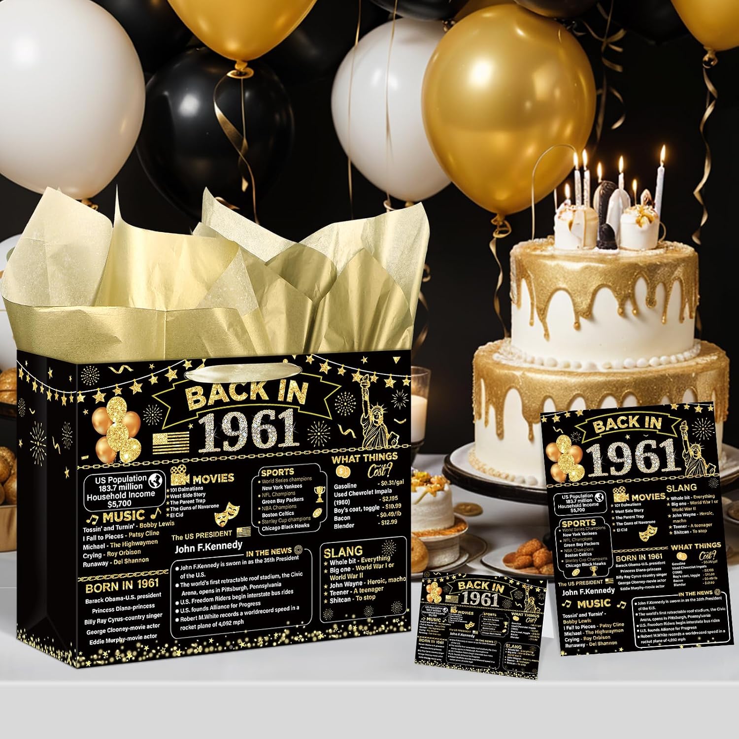 Double-Sided 65th Birthday Gift Bag with 1961 Poster, Card & Tissue Paper (11.8"x9.4"x5.3"), Vintage Back in 1961 Birthday Decorations Wrap Bag for Men Women, 65 Year Old Sixty-five Bday Party Supplies image 2