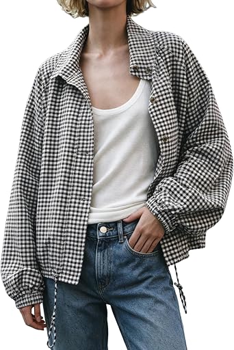 SCUSTY Womens Plaid Jacket High Neck Long Sleeve Fall Coat Outerwear