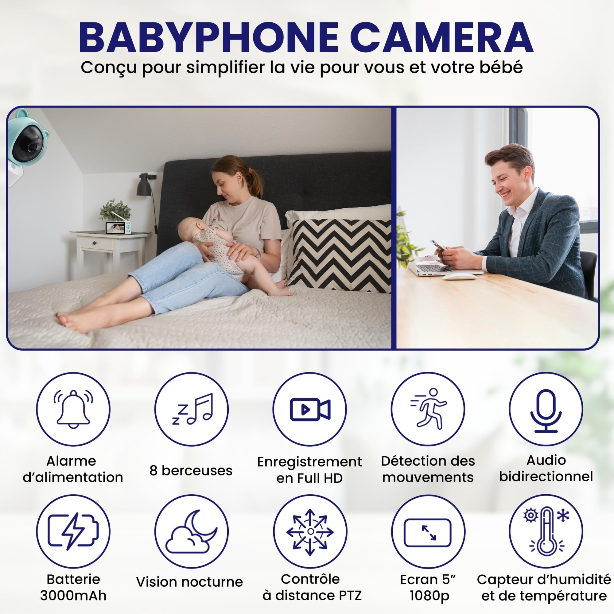 Babyphone Camera 2K + Moniteur vidéo 5" LCD-IPS + Application WiFi | PTZ 355°, VOX, Enregistrement, Surveillance Mouvements, Berceuses | Baby Phone Monitor, Caméra Bebe | Support Offert |