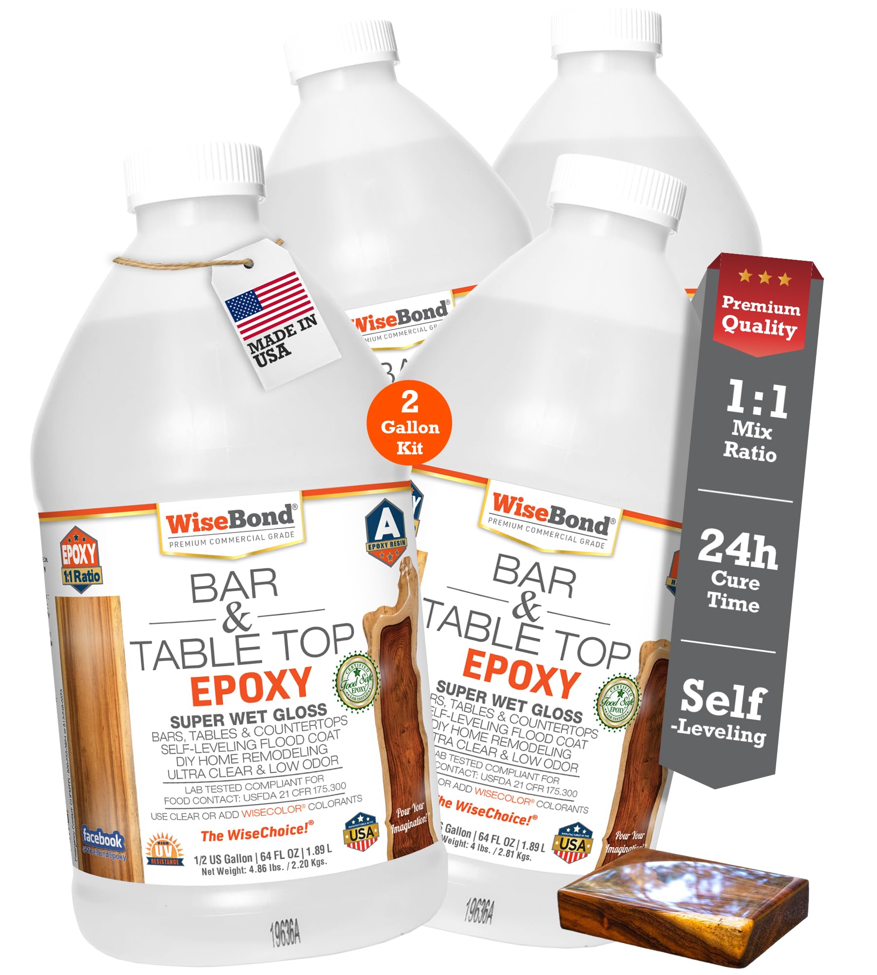 WiseBond Table Top Epoxy Resin 2 Gallon Kit, Made in USA Food Safe Bubble Free, Anti-Yellow UV Resistant, Clear High Gloss, 2 Part 1:1 Mix Ratio, DIY Bar Tops, Countertop Surface Coating