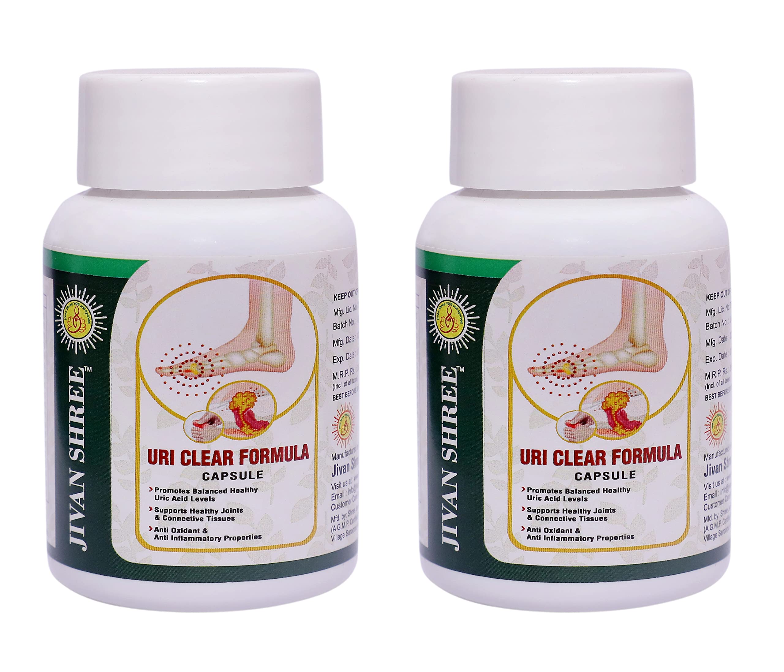 Jivan Shree Uri clear Formula Uric acid control Normal Kidney Function Pure Herbal Premium Range Ayurvedic Proprietary for Gout pain Joint Support & Connective Tissue Supplements Capsules Pack of 2