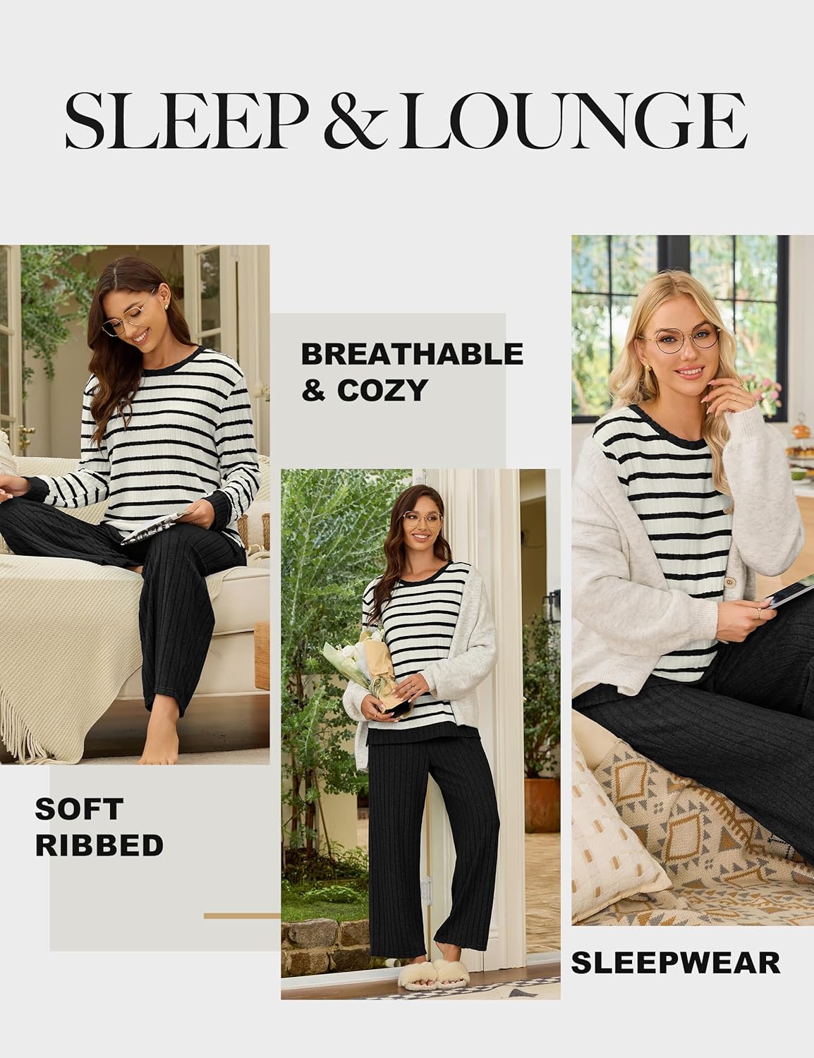 Blooming Jelly Womens Pajamas 2 Piece Satin Matching Lounge Sets Cute Long Sleeve Striped Pants Pjs with Pocket - Image 5