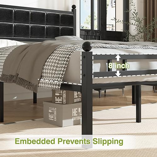 Miniatura 6 de VECELO Base de cama tamaño Queen, cama tapizada con cabecera de piel sintética, soporte de listones de metal fuerte, sin ruido, no necesita somier,