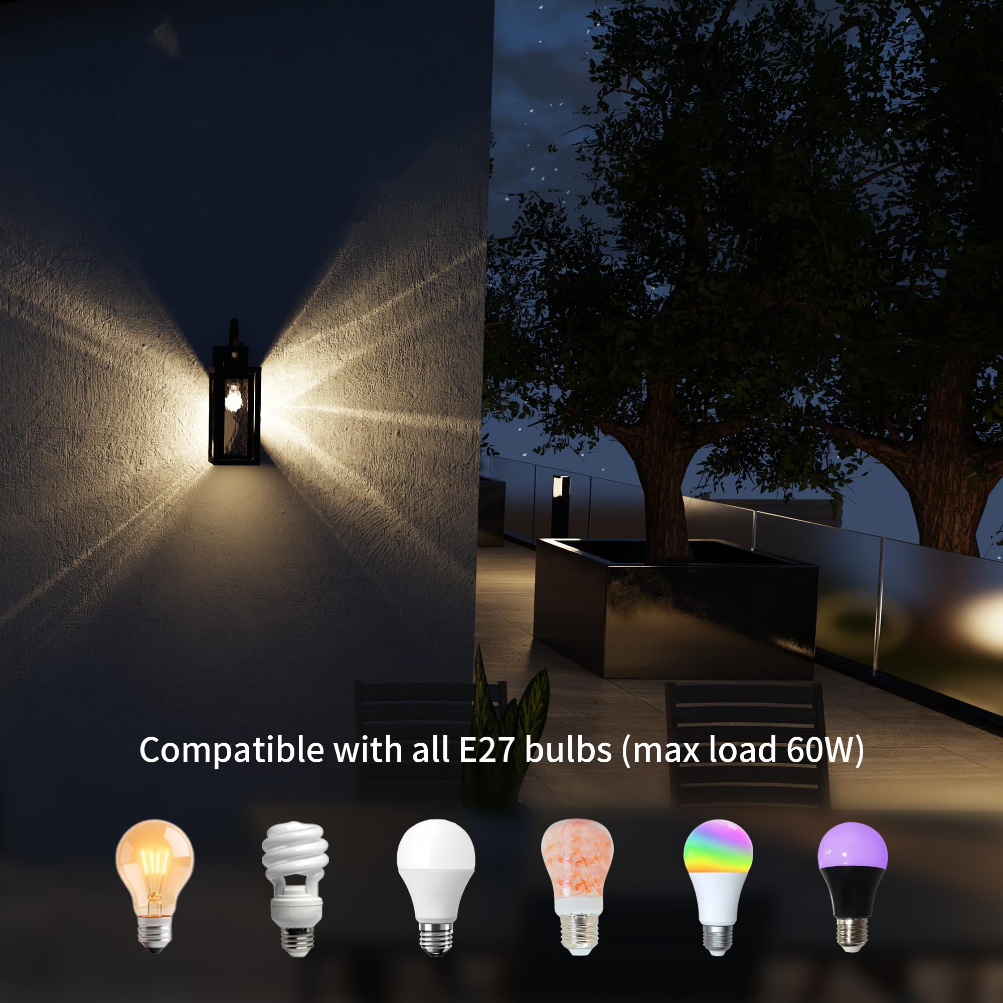 Außenlampe Wand mit Dämmerungsschalter,Außenwandleuchten mit Gewelltem Glas und Lichtsensor,E27 Schwarze wasserdicht Aussenlampe Wand für Eingangsbereich(Glühbirnen nicht enthalten)