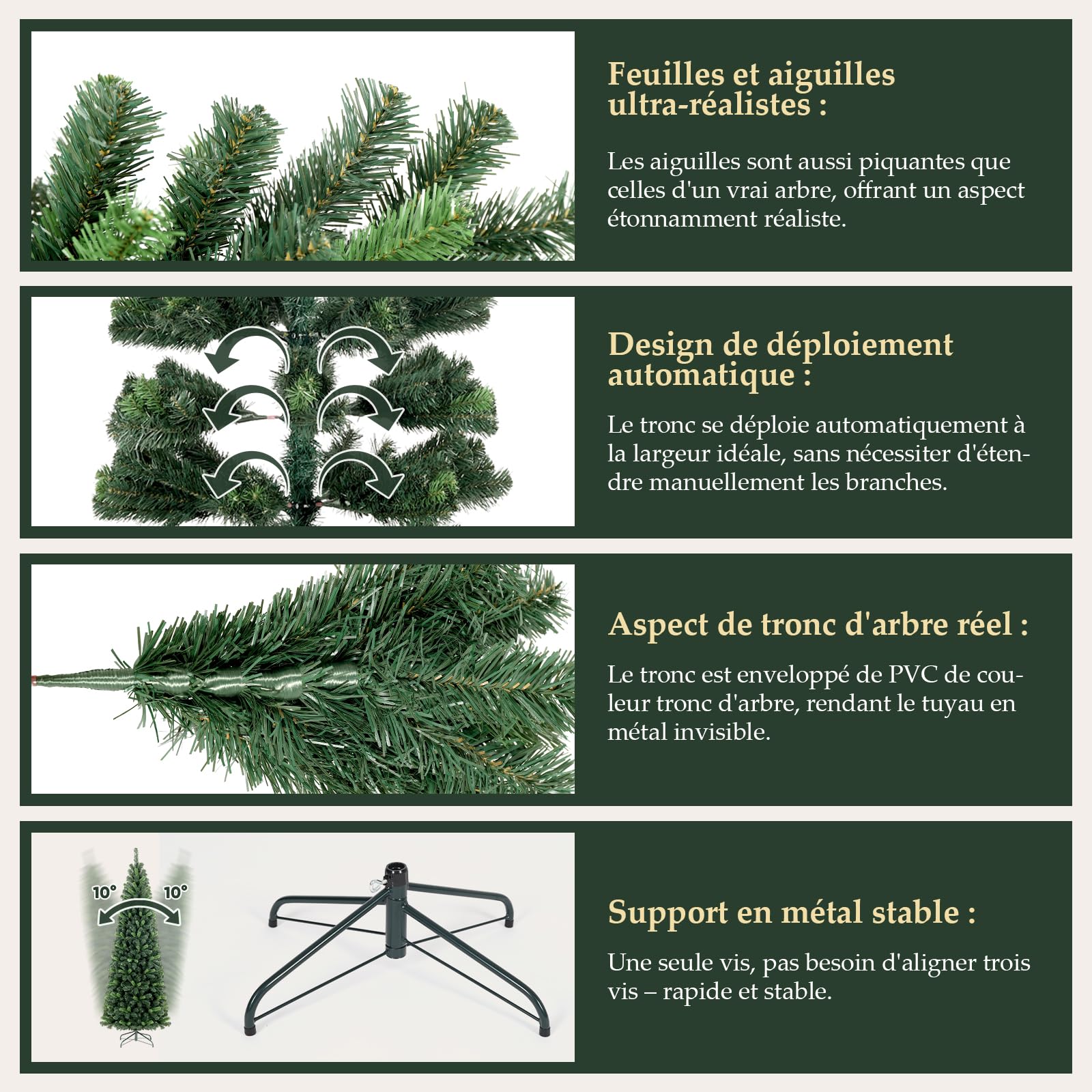 SALCAR Sapin de Noël Artificiel Fin 210 cm avec Gants et Support en métal - Crayon - avec Pointes en PVC 818 - Vert