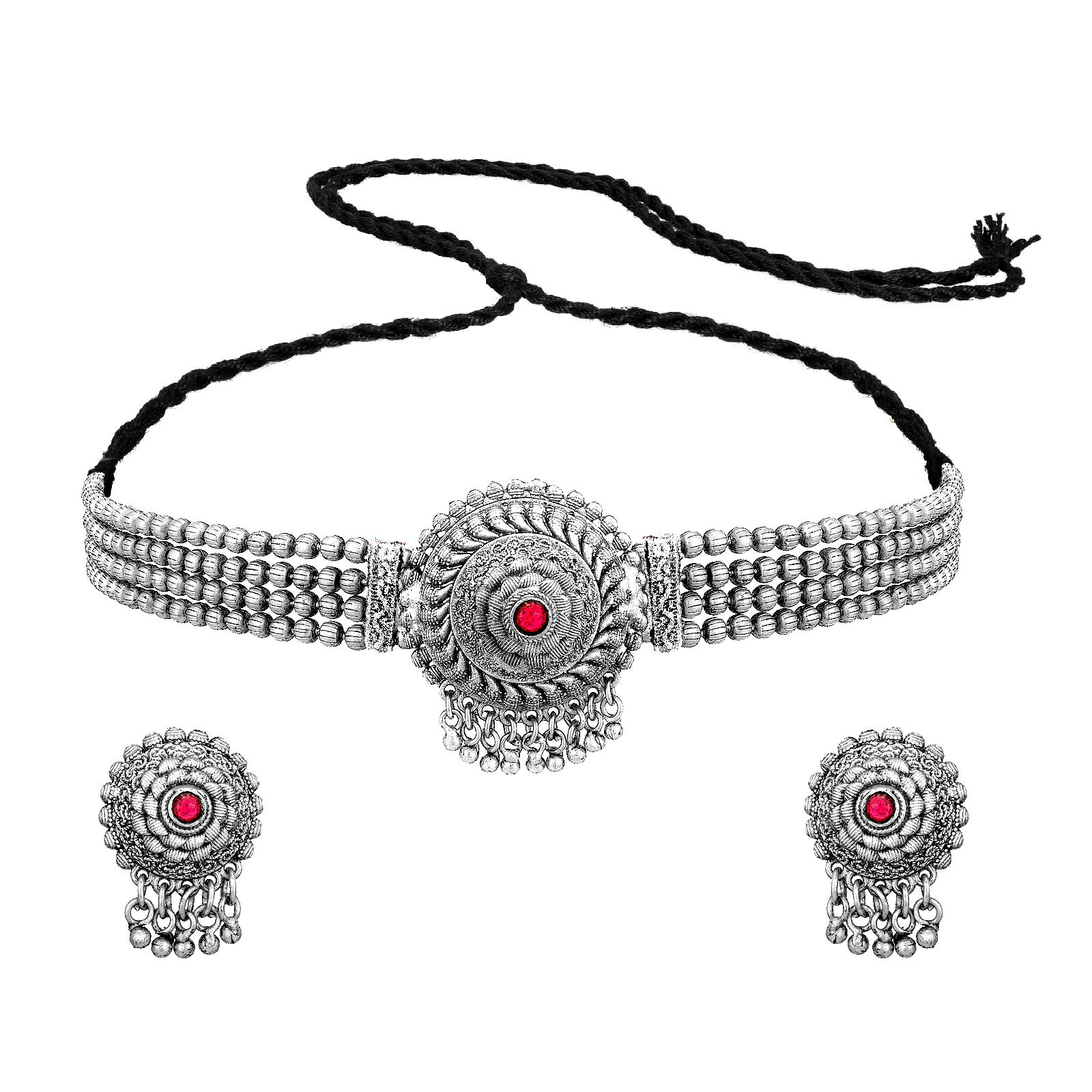 The Luxor Silver Plated And American Diamond Studded Choker Necklace Set with Round Shaped Earrings, Oxidized Jewellery Set For Women & Girls (Silver) (B08R8ML359) Amazon Price History, Amazon Price Tracker