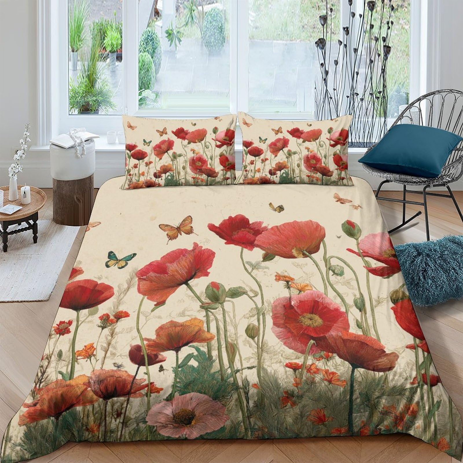 Ctjqhvkz Style-5 3D Printed Poppy Flower Fitted Sheet Microfiber Soft Butterfly Meadow Mattress Cover For Bedroom Dorm Decor Single（135X200cm）
