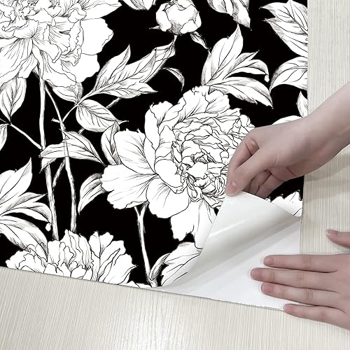 Miniatura 5 de HueBurst Papel tapiz floral para despegar y pegar, papel adhesivo blanco y negro para una fácil aplicación. Papel de pared floral bohemio, 118 x