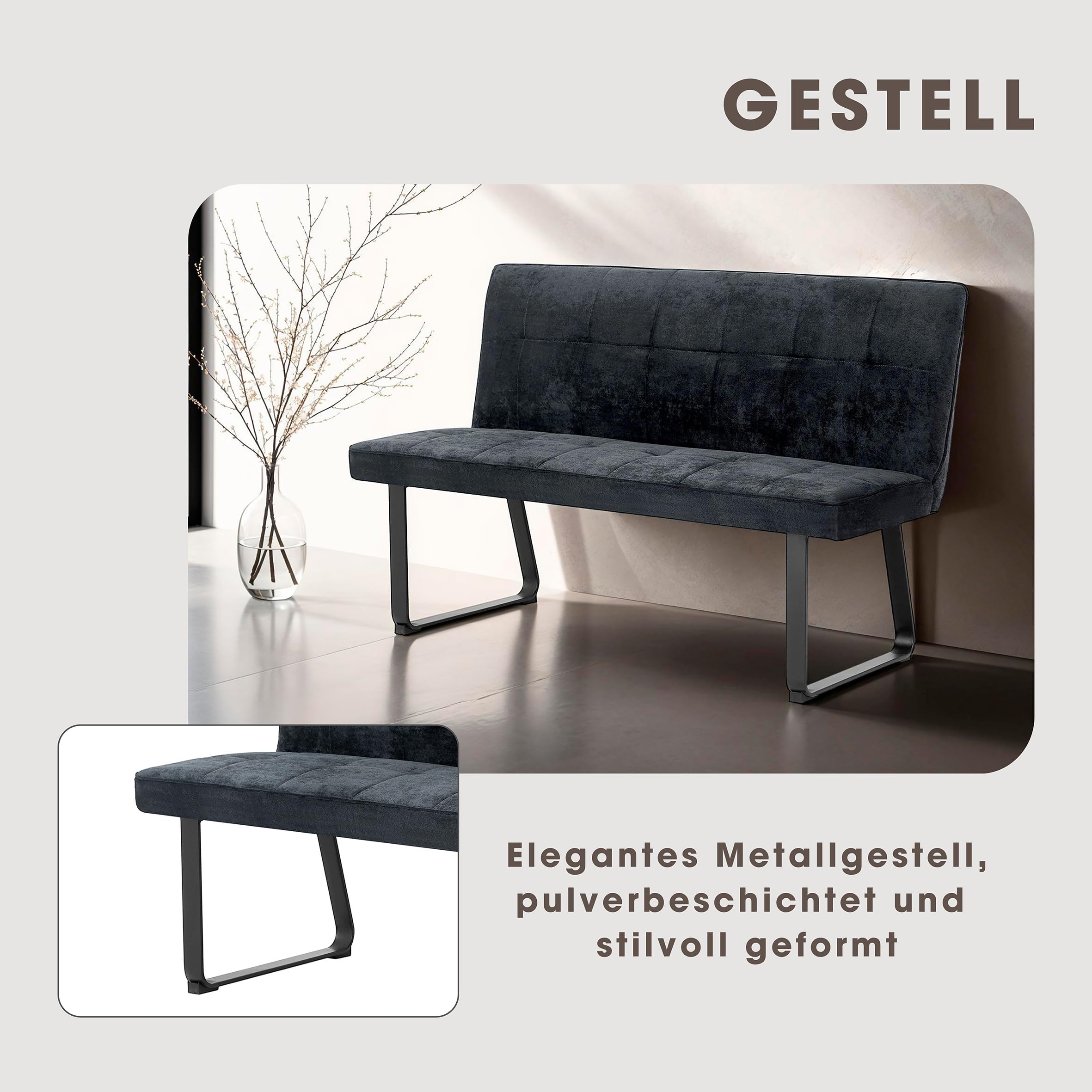 byLIVING Bank TALEA, Bank mit Rückenlehne, B 140, H 92, T 59 cm | Moderne Sitzbank mit einem Webstoff-Bezug dunkelgrau, Metall Gestell schwarz pulverbeschichtet